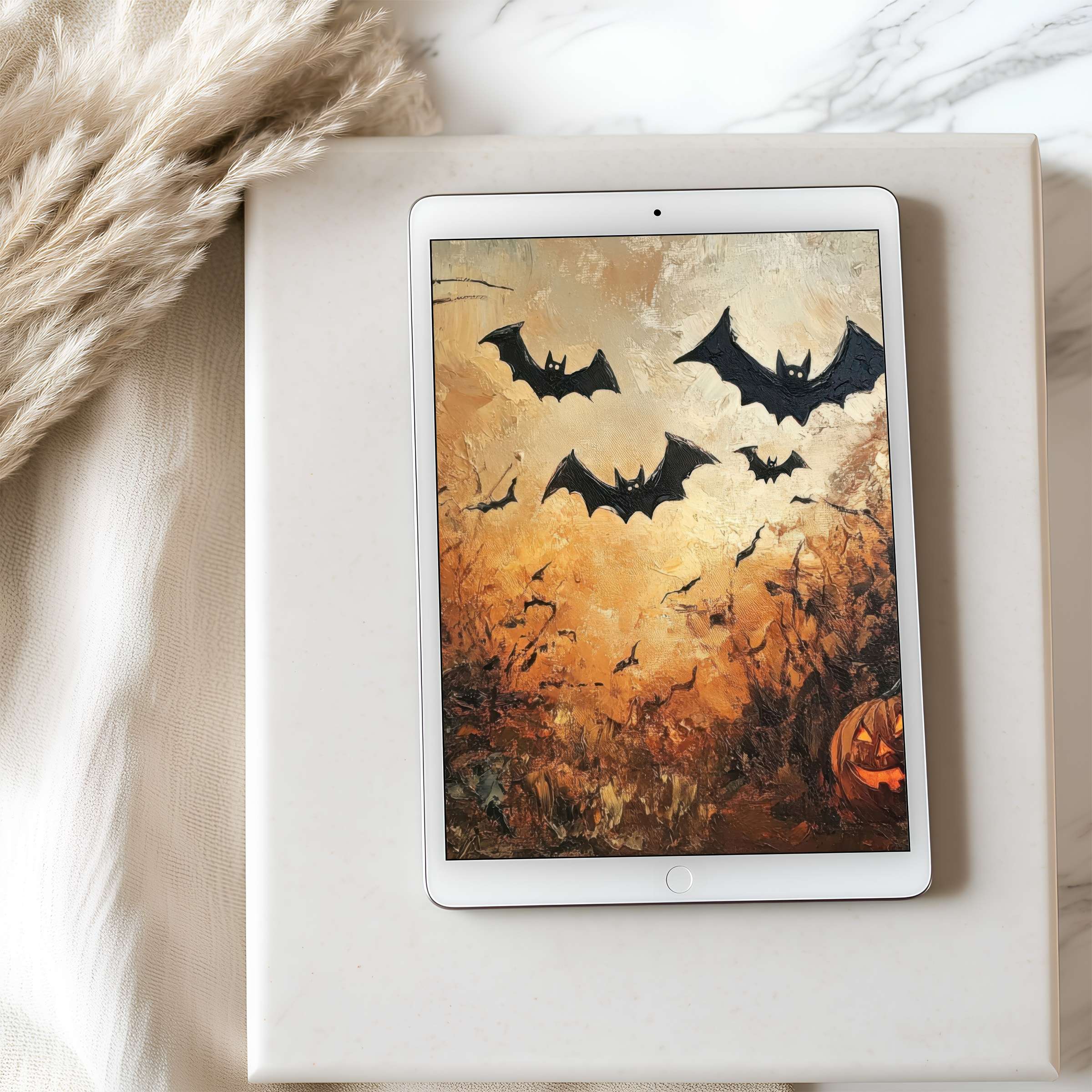 Elegant digital art with bats on an amber sky as a tablet wallpaper evokes calm, ideal for iPad, Android, high resolution download