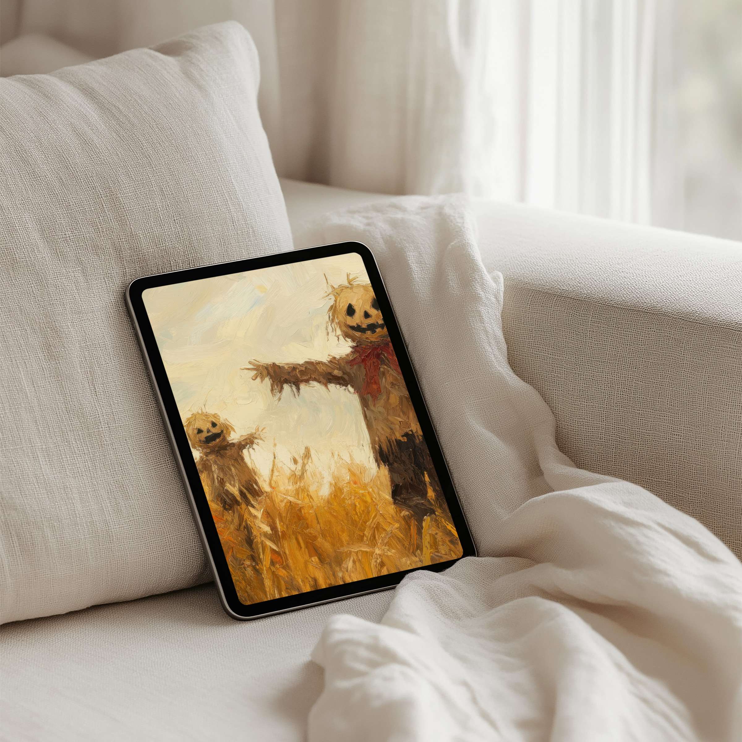 Inspiring iPad background featuring serene scarecrows in a soft golden field for instant download on all tablets for mindful elegance