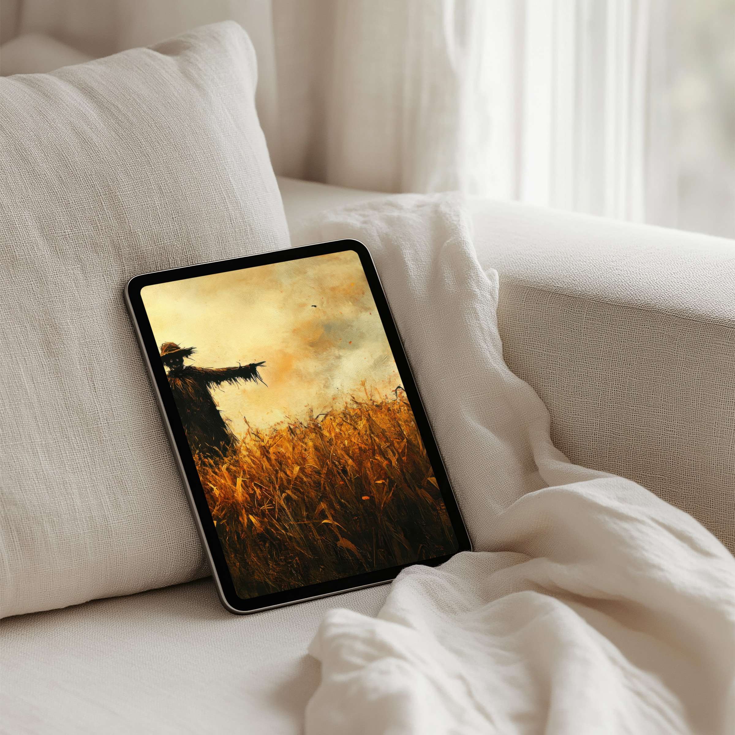 Cozy iPad background featuring a tranquil wheat field and scarecrow for instant download perfect for any tablet atmosphere