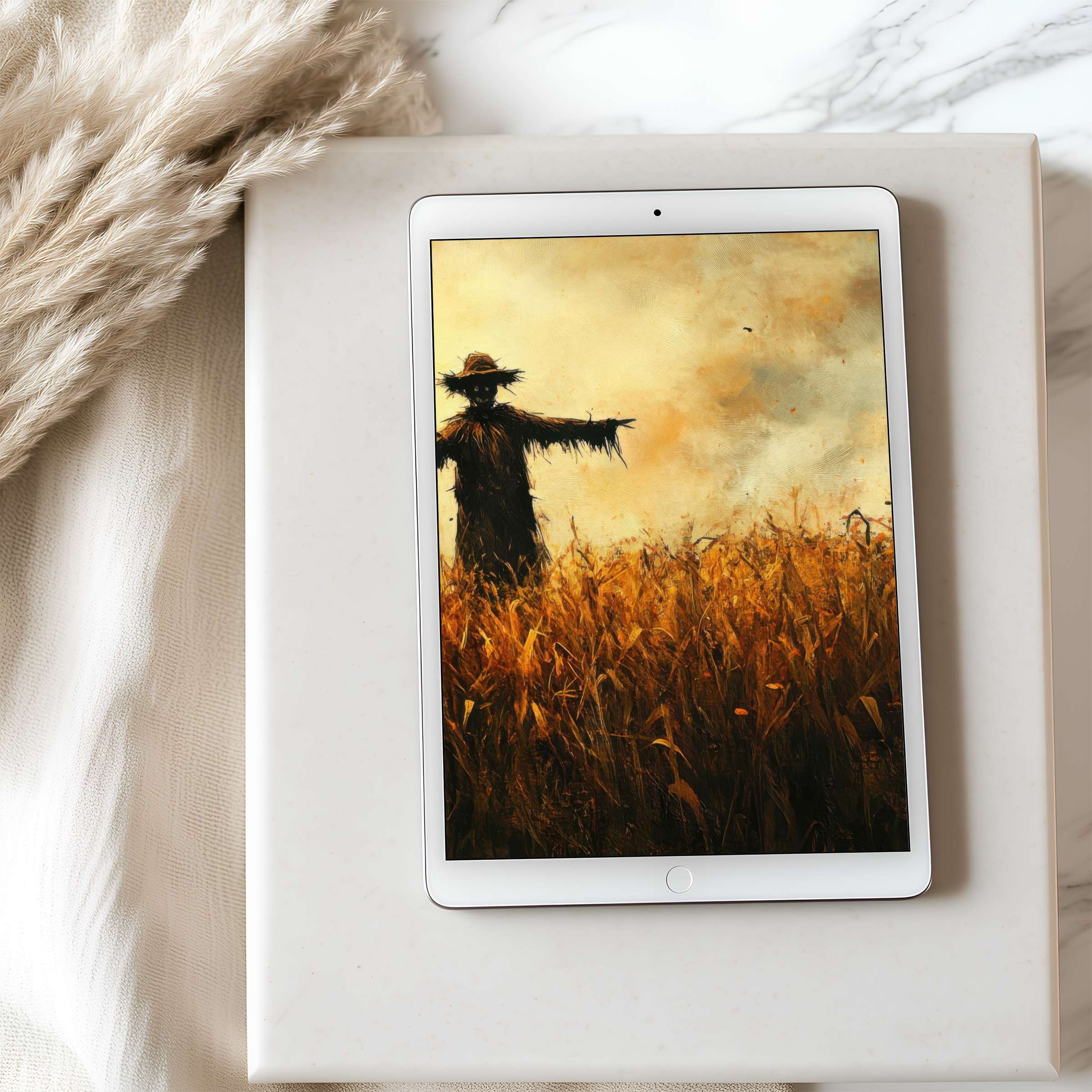 Curated tablet wallpaper showcasing a scarecrow in a golden field with a dreamy sunset, ideal for high resolution iPad display