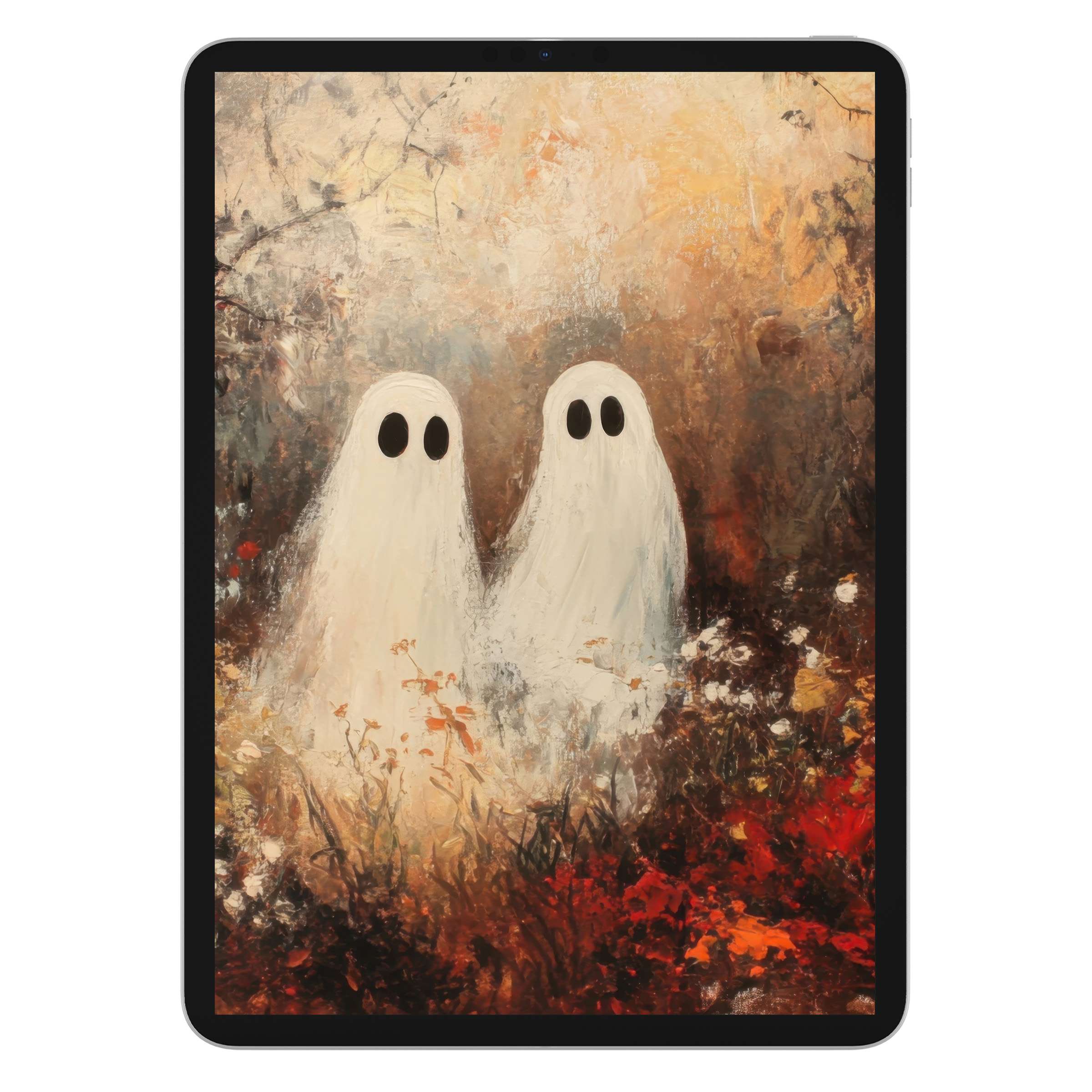 Elegant halloween iPad wallpaper featuring ethereal ghostly figures in a warm, abstract autumn landscape, perfect tablet background digital download