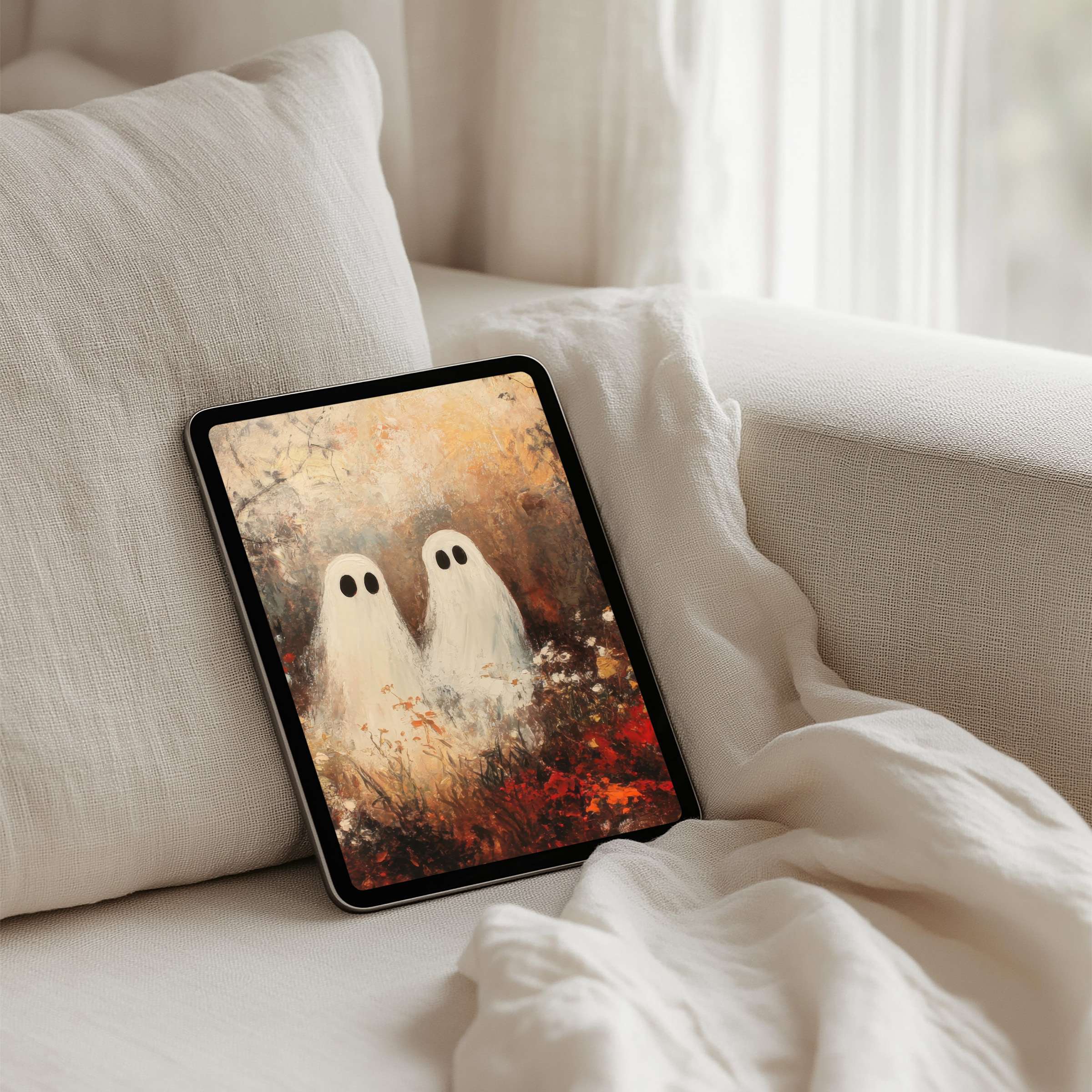 Elegant iPad background with serene ghostly figures in autumn hues offers instant download for any tablet providing mindful inspiration
