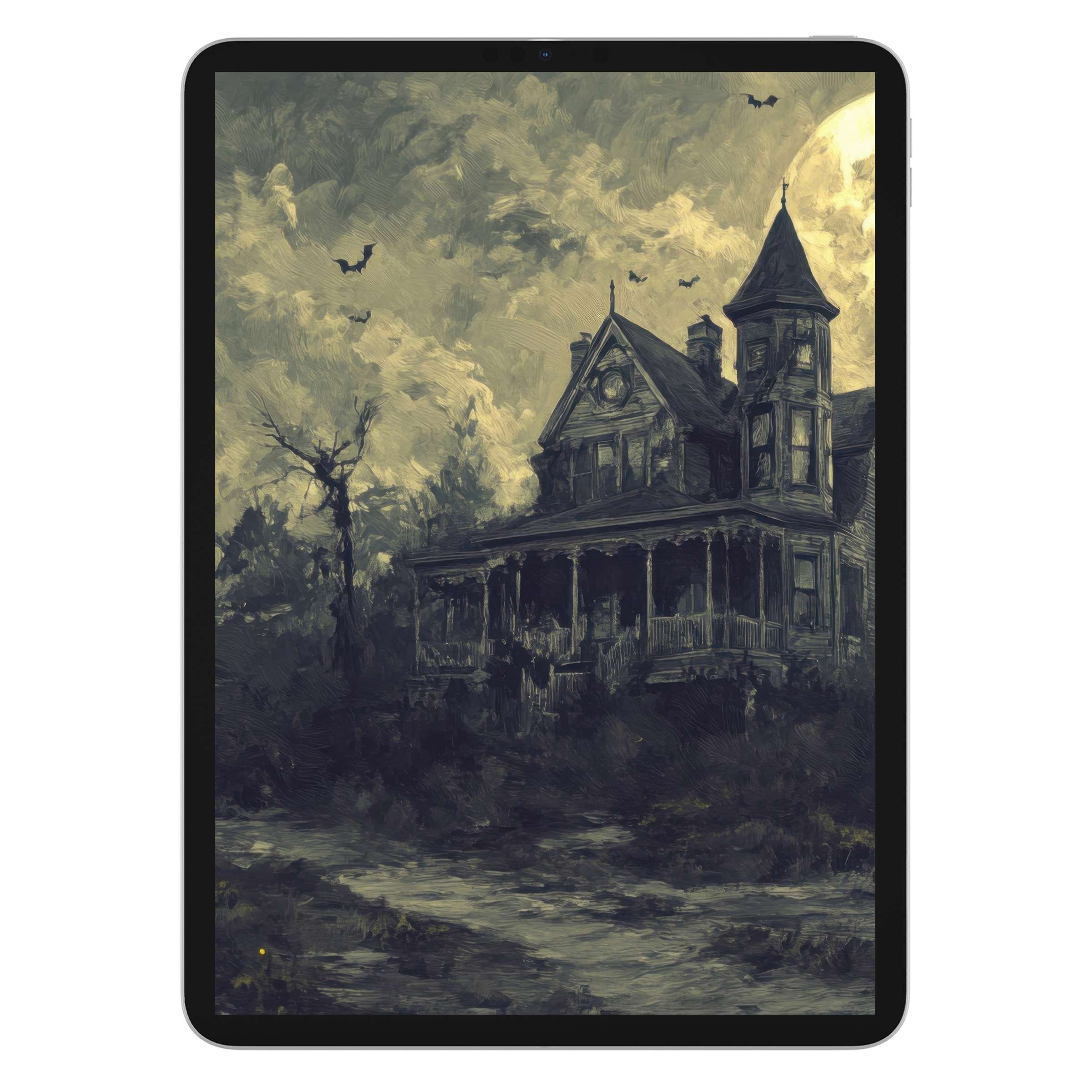 Hauntingly beautiful Halloween iPad wallpaper showcasing a vintage mansion against a moody night sky digital download perfect for tablets background