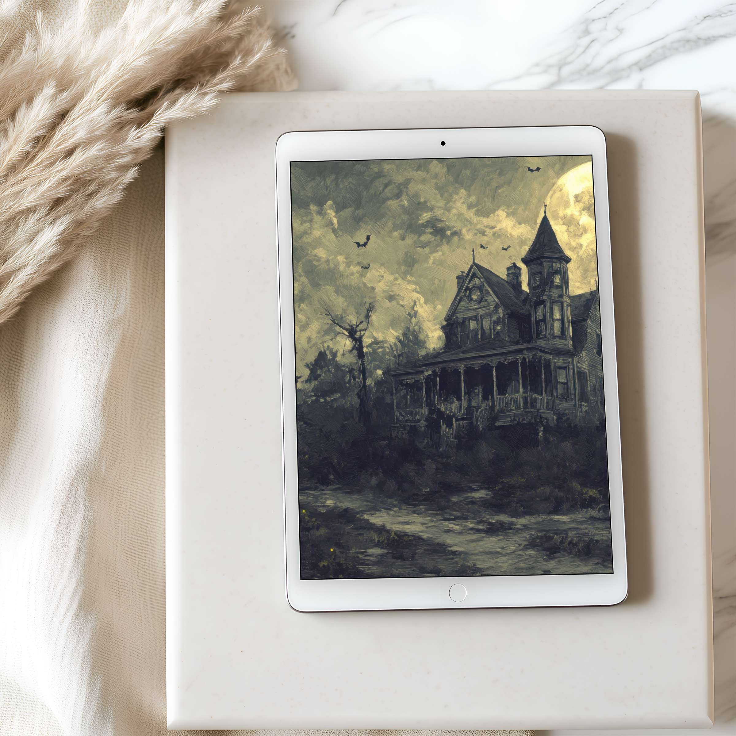 Eerie digital art tablet wallpaper featuring a haunted Victorian house, perfect high-resolution download for iPad or Android tablets