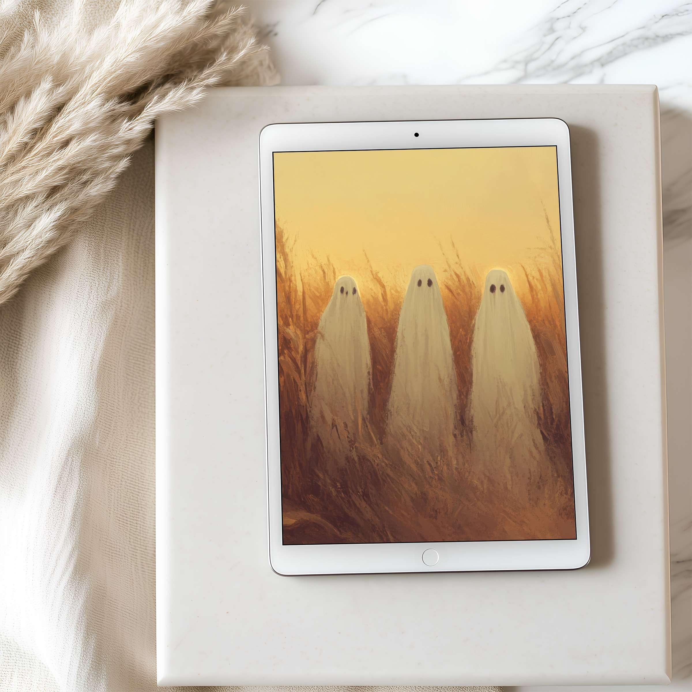Elegant tablet wallpaper featuring serene ghostly figures in a golden meadow art, suitable for high resolution iPad digital download