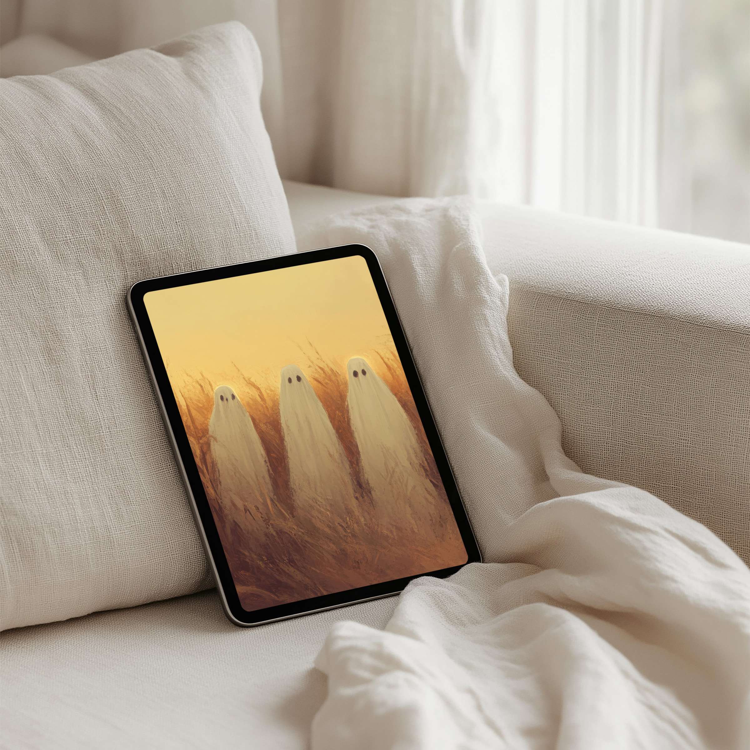 Ethereal ghosts float in a dreamy, beige field on an iPad background for instant download, perfect for any tablet user seeking mindfulness
