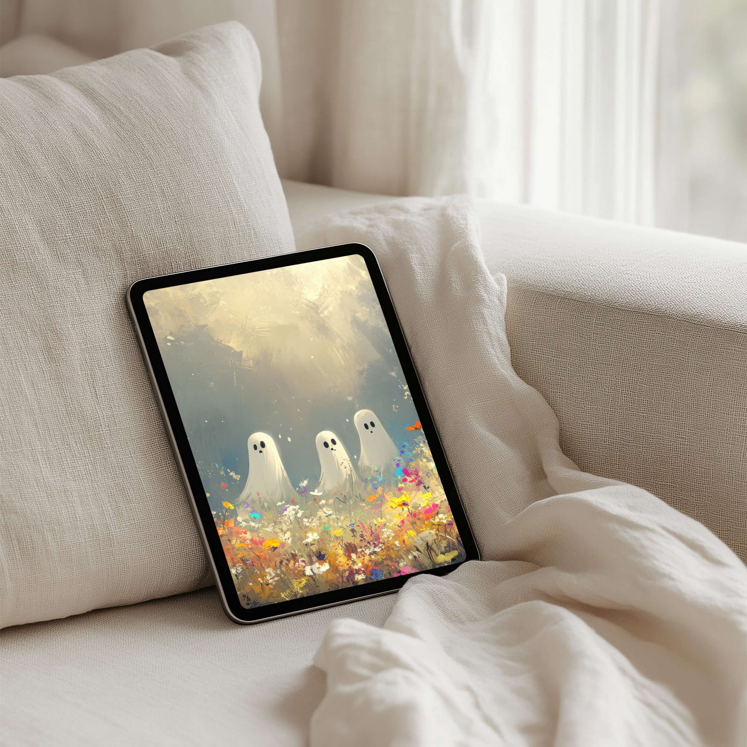 Ethereal ghosts in a colorful meadow evoke calm on this iPad background ideal for tablet instant download to inspire elegance