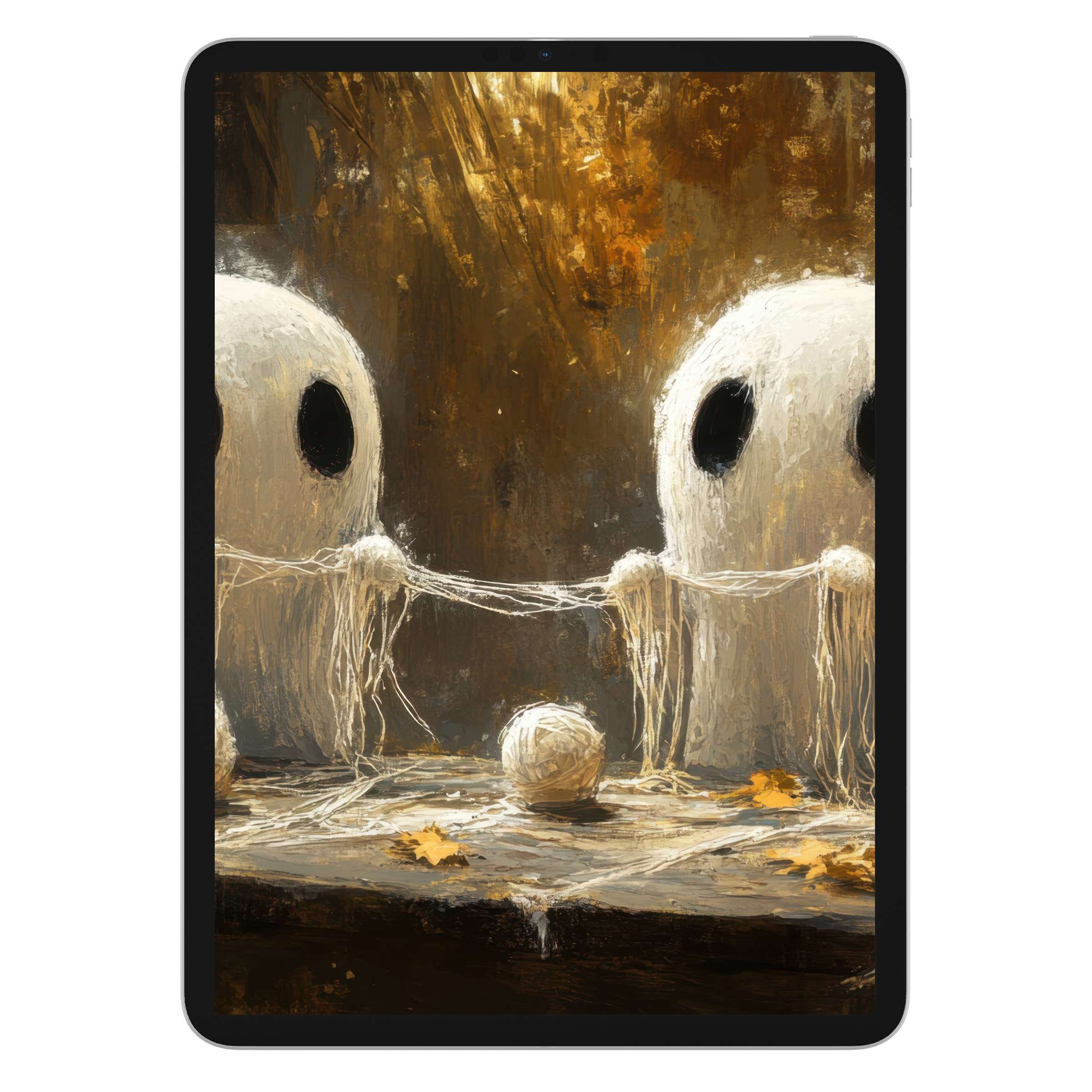 Elegant halloween iPad wallpaper featuring ghostly figures and autumn hues, ideal tablet background for a calming digital download