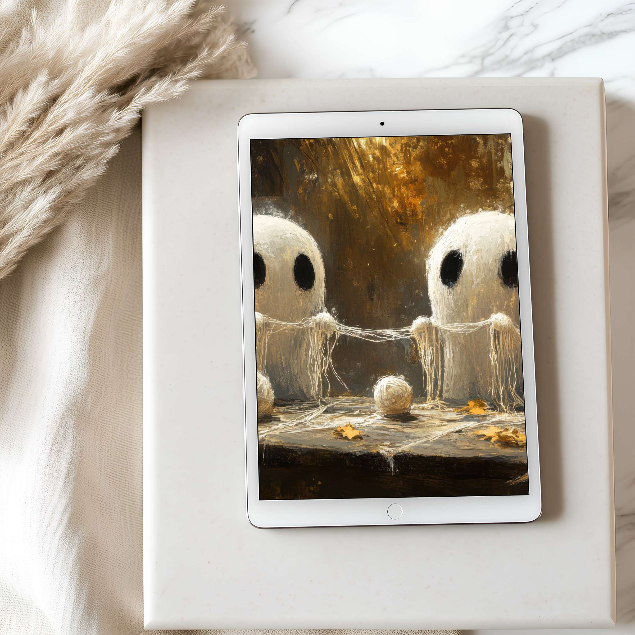 Elegant tablet wallpaper featuring abstract ghostly figures in warm tones, perfect high-resolution download for iPad and Android tablets