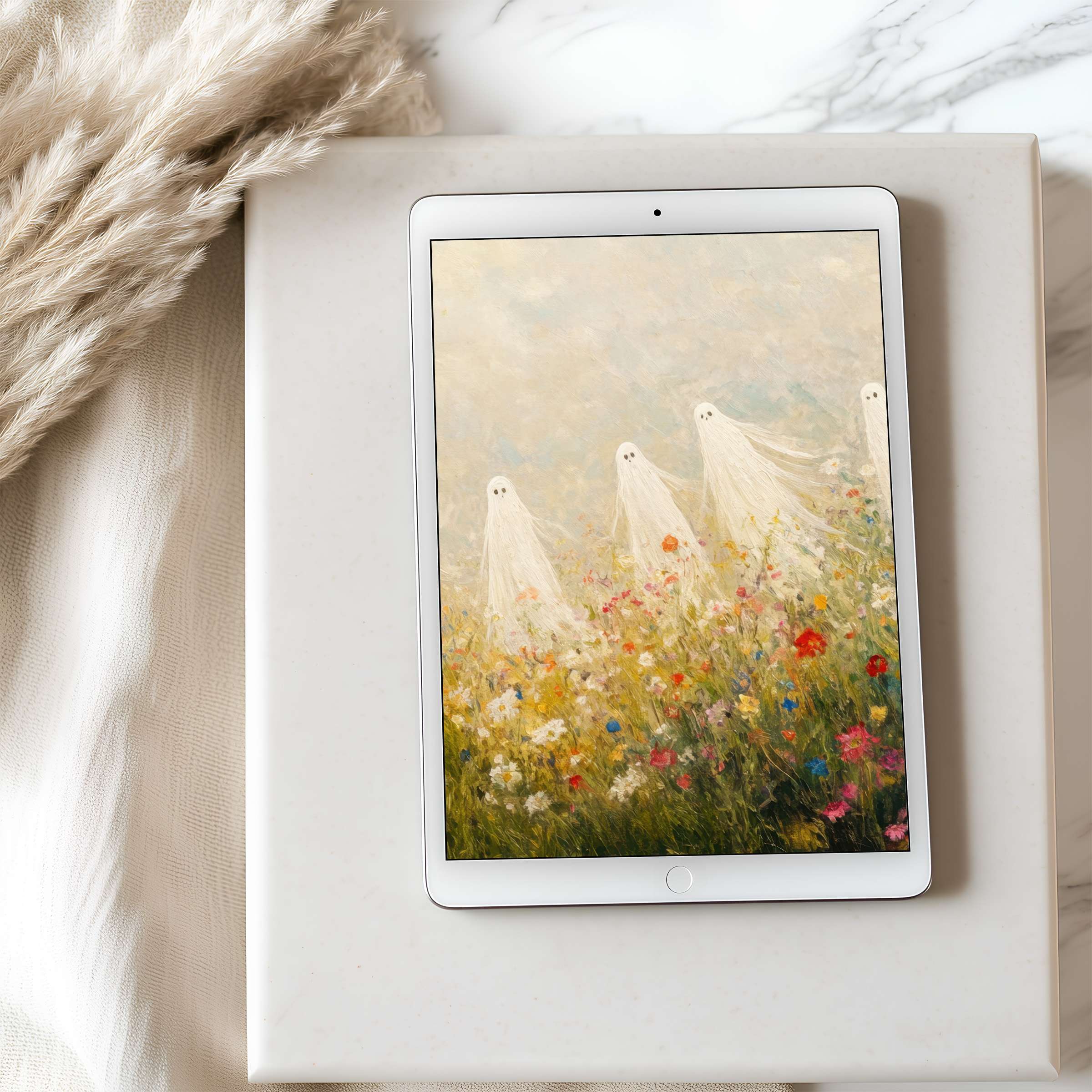 Elegant tablet wallpaper featuring serene ghosts in a floral field, perfect for curated iPad or Android devices, offering calm beauty