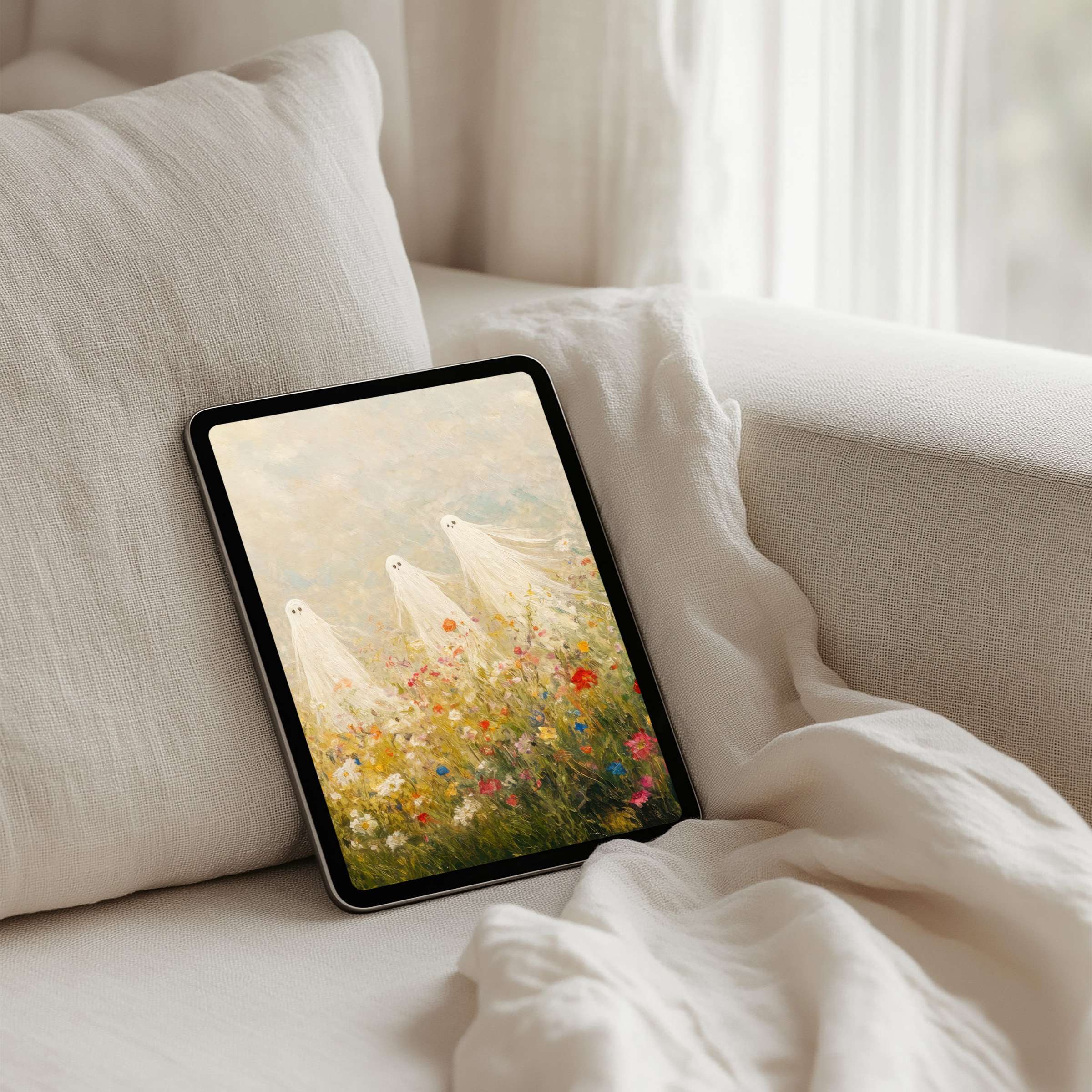 Tablet art showcasing ethereal figures in a dreamy floral field iPad background instant download for serene elegance and mindfulness