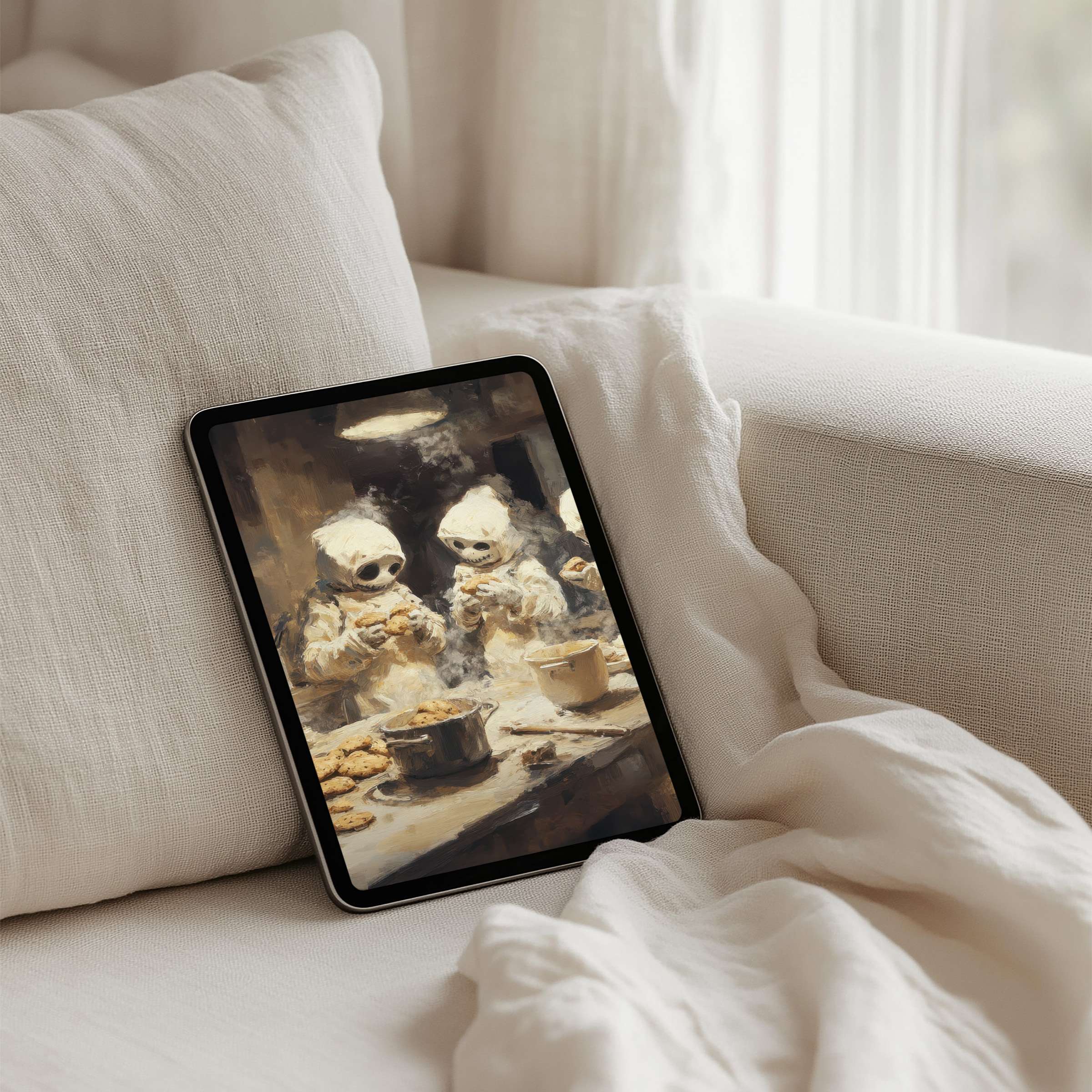 Cozy, artistic iPad background with serene rustic tones, perfect for tablets, offering elegance and calm as an instant download