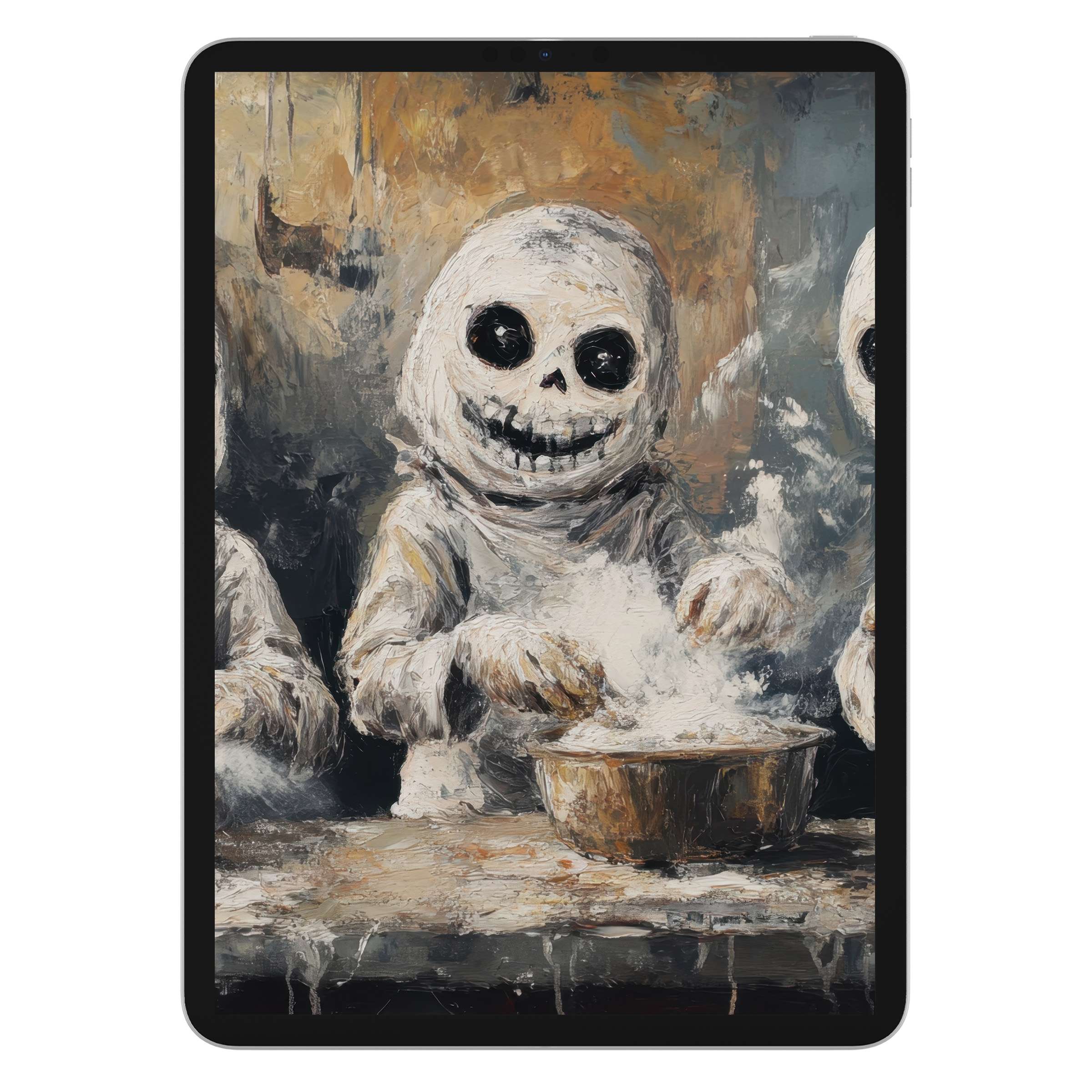 Charming halloween iPad wallpaper with eerie skeletons in rustic hues, perfect digital download for a serene tablet background ambiance