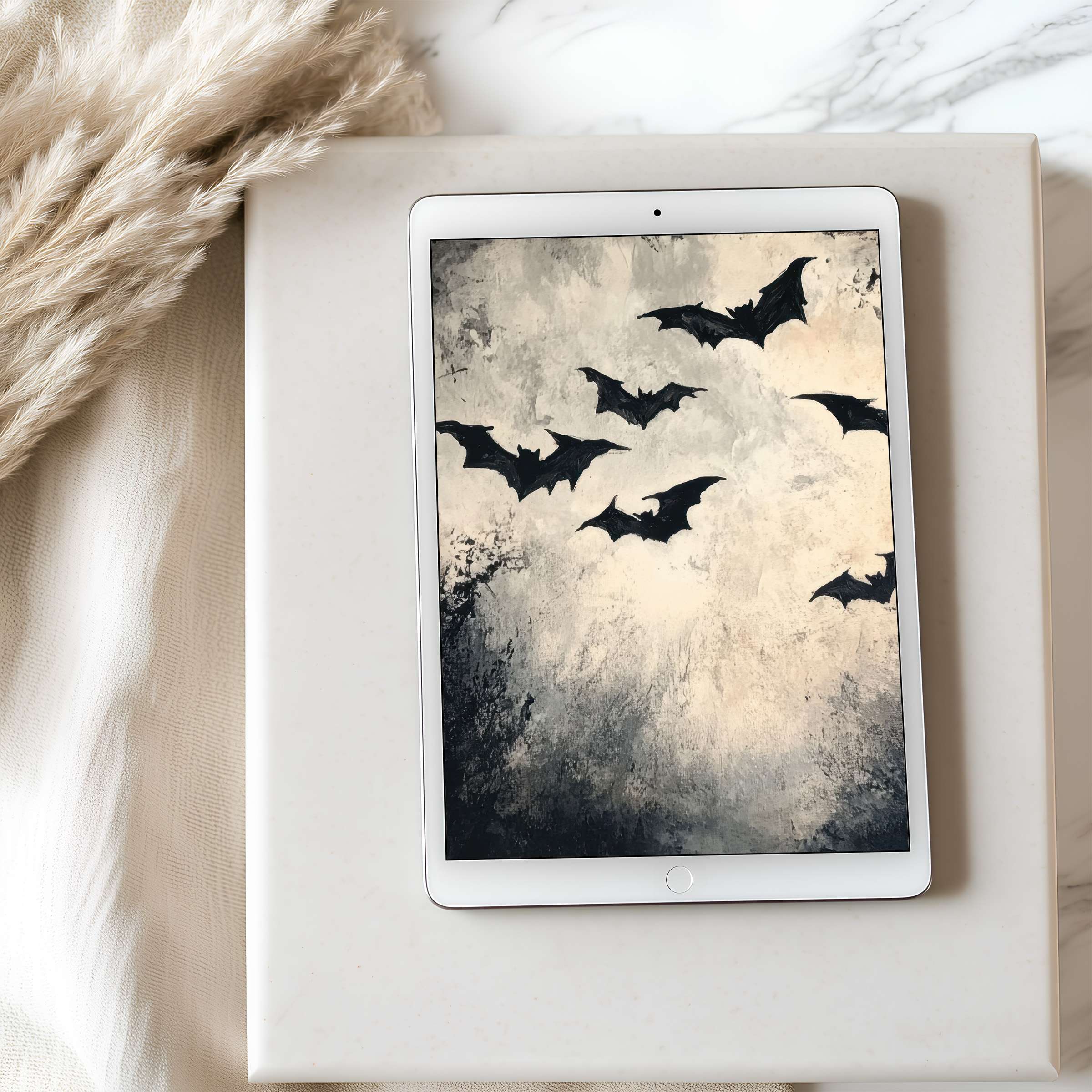 Elegant tablet wallpaper featuring abstract bats in grayscale tones, perfect for iPad or Android tablets, offering tranquility and style
