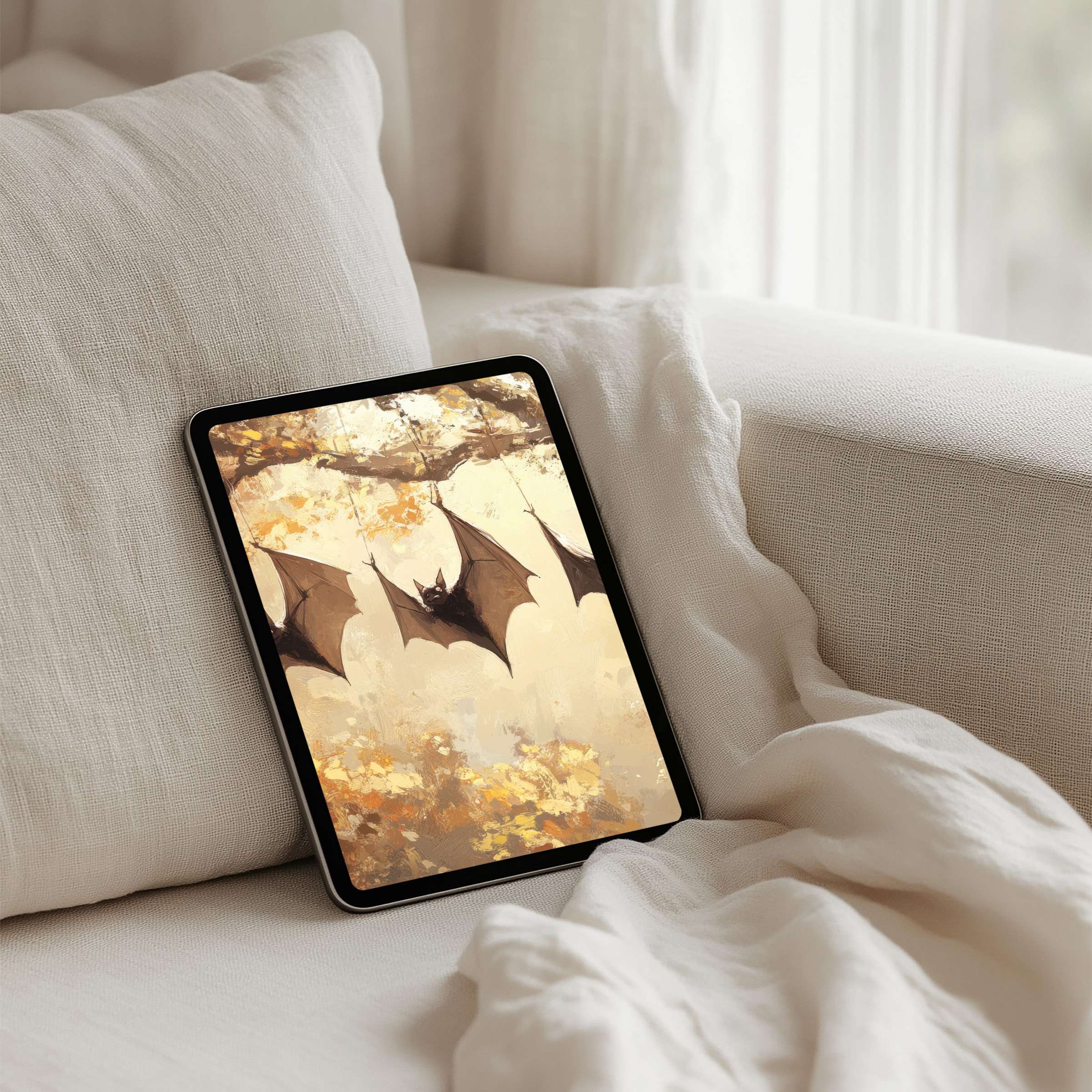 Elegant iPad background with serene bat illustration evokes calm, perfect for all tablets with instant download for mindful decor