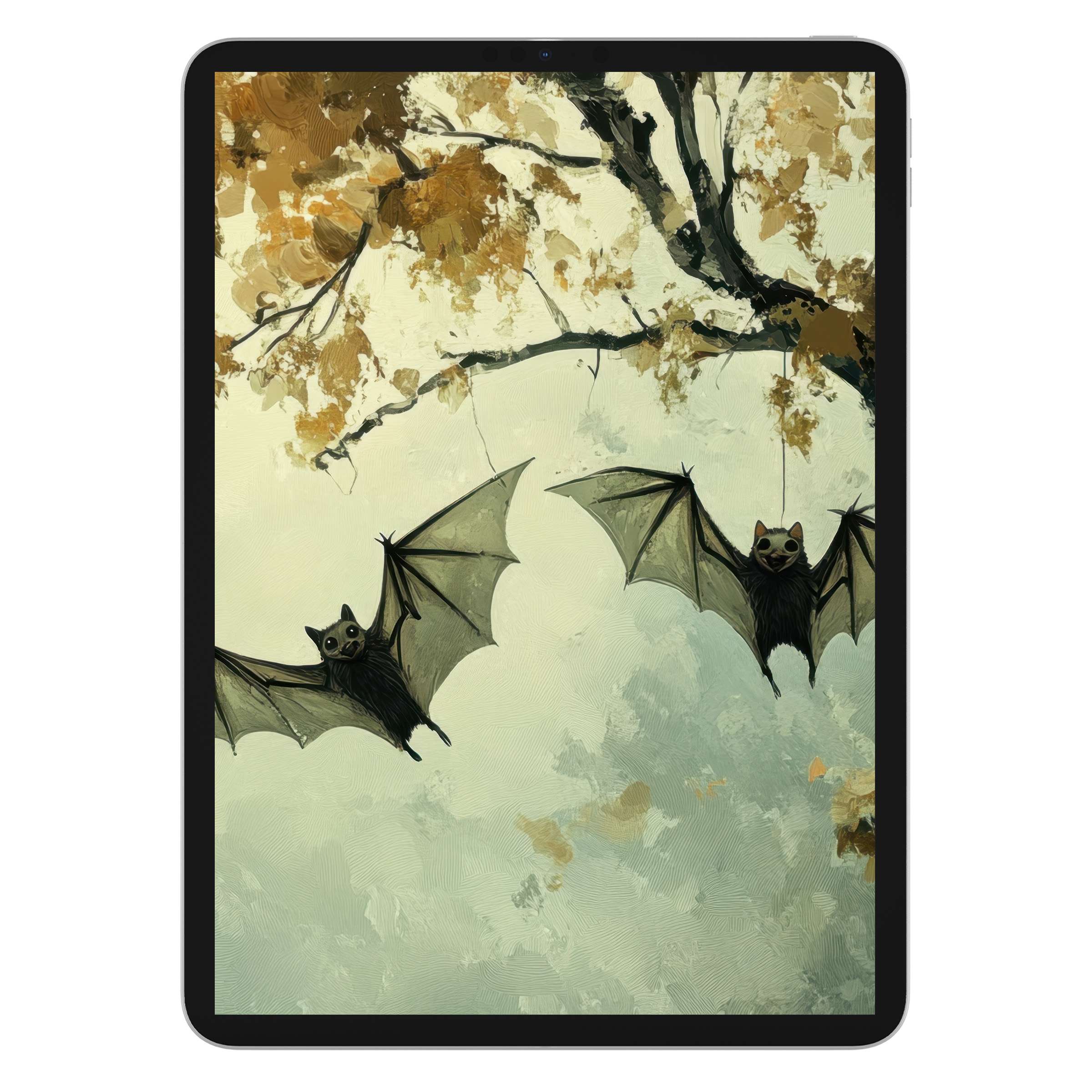 Halloween iPad wallpaper featuring whimsical bats against a textured autumn backdrop for an elegant tablet background digital download