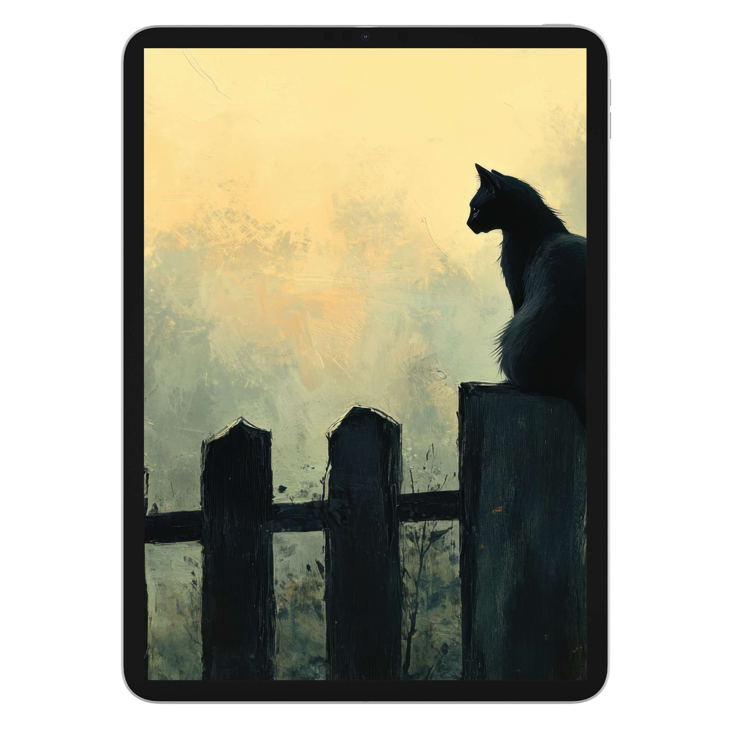 Halloween iPad wallpaper digital download featuring a serene black cat and rustic fence, ideal tablet background for tranquil elegance