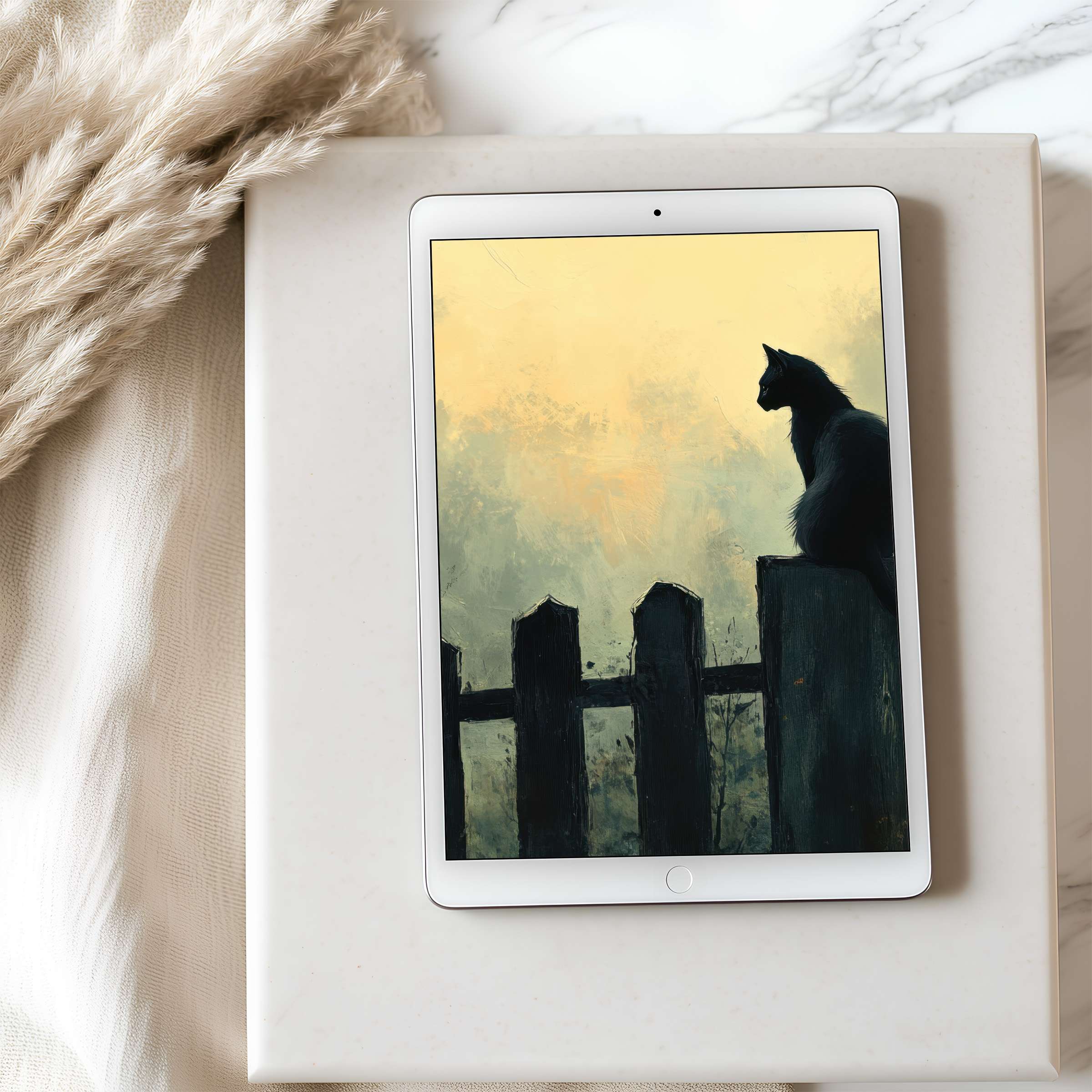 Elegant tablet wallpaper featuring a serene cat silhouette on a sunset horizon, perfect for iPad and Android tablets, curated for tranquility