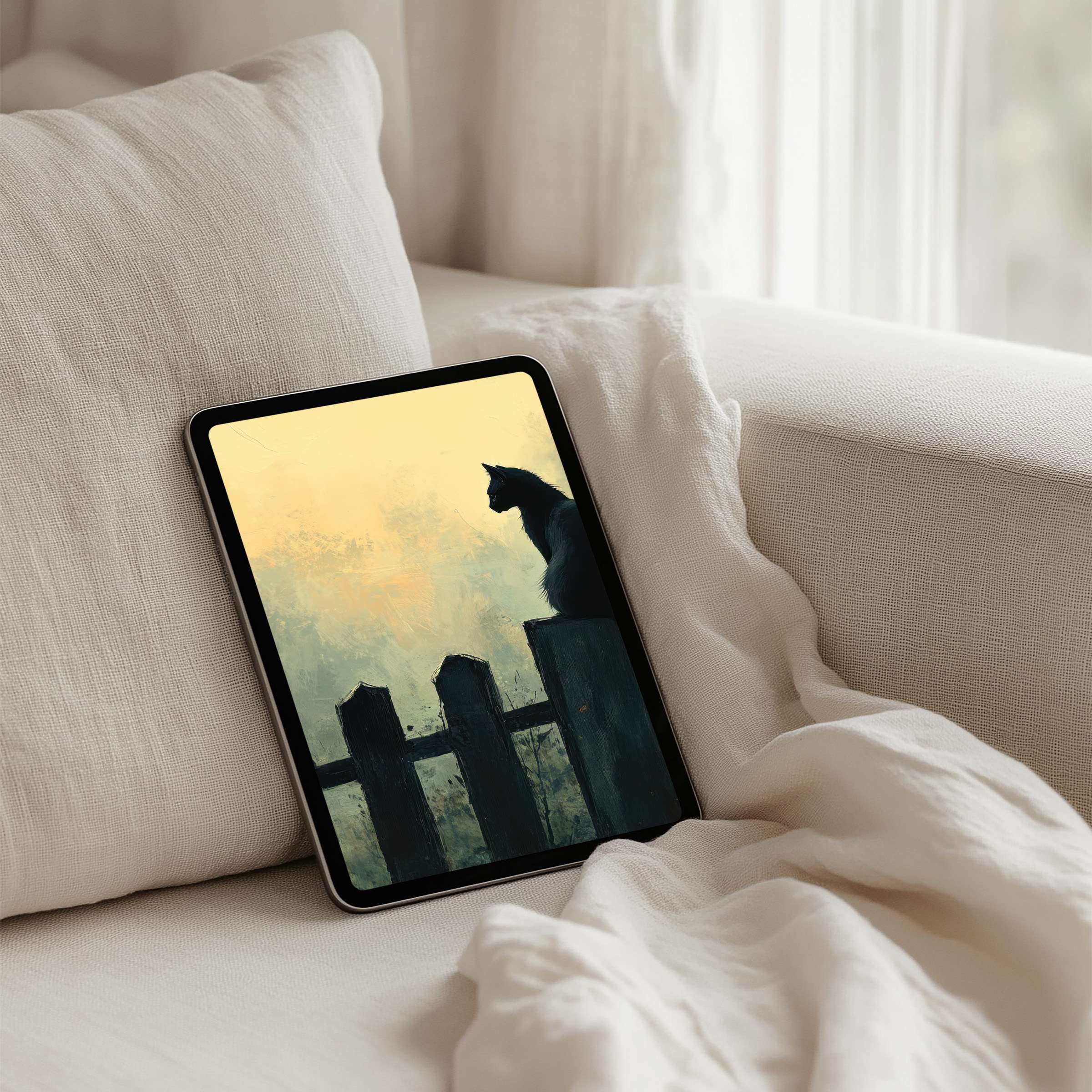 Elegant digital art of a cat on a fence perfect as an iPad background for instant download to bring calm to any tablet