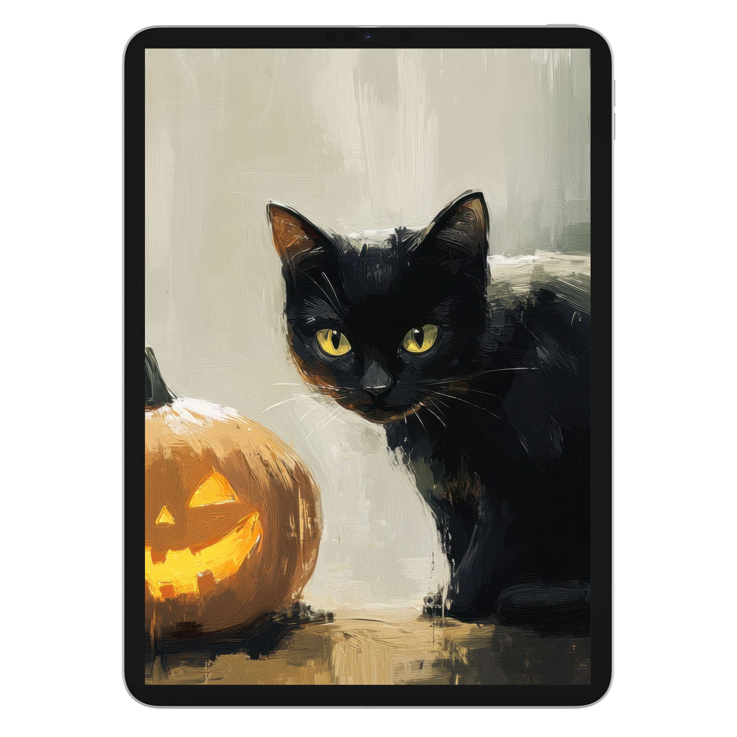 Elegant halloween iPad wallpaper featuring a black cat and glowing pumpkin for a serene tablet background digital download