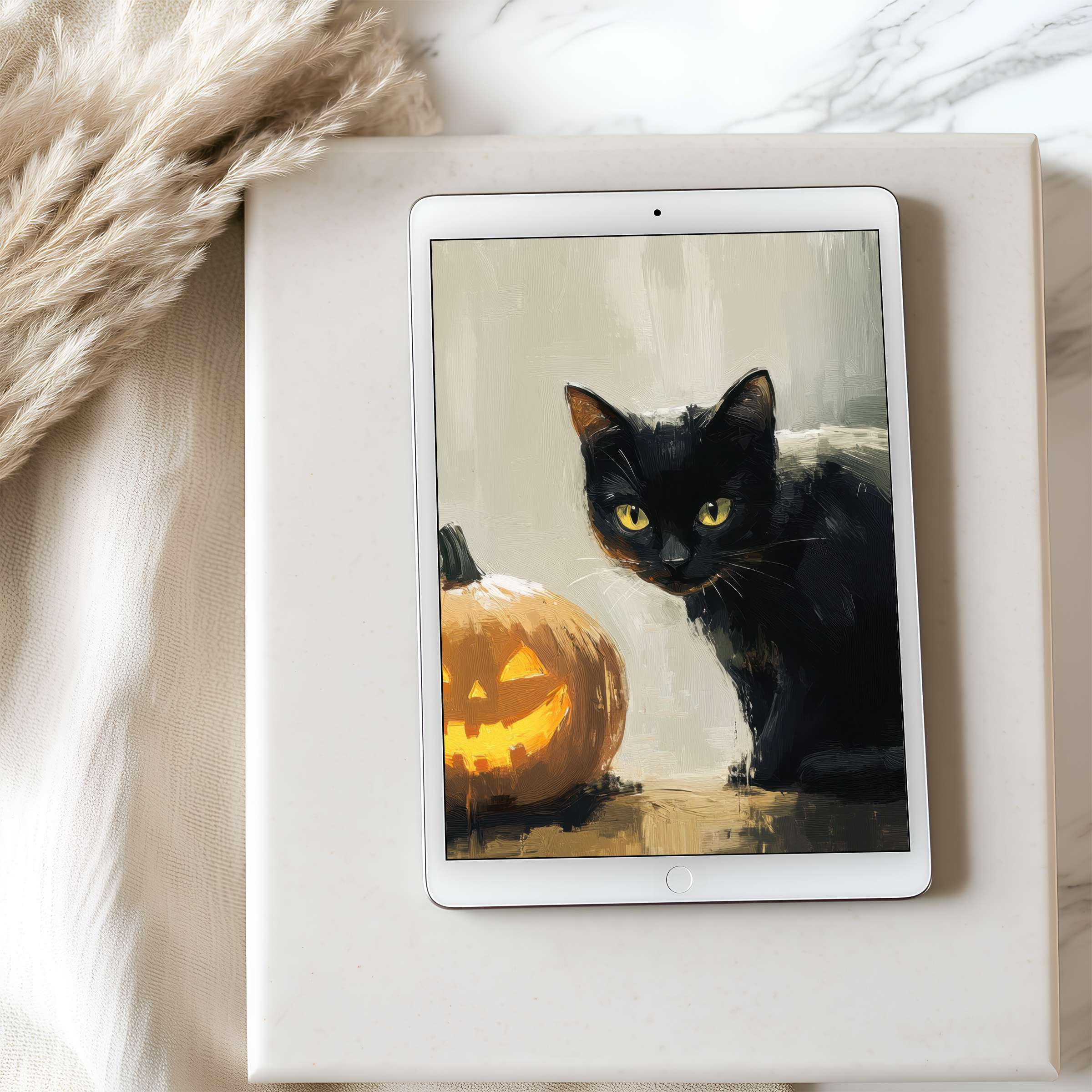 Elegant tablet wallpaper with a high resolution painting of a black cat and pumpkin, ideal for serene digital art lovers