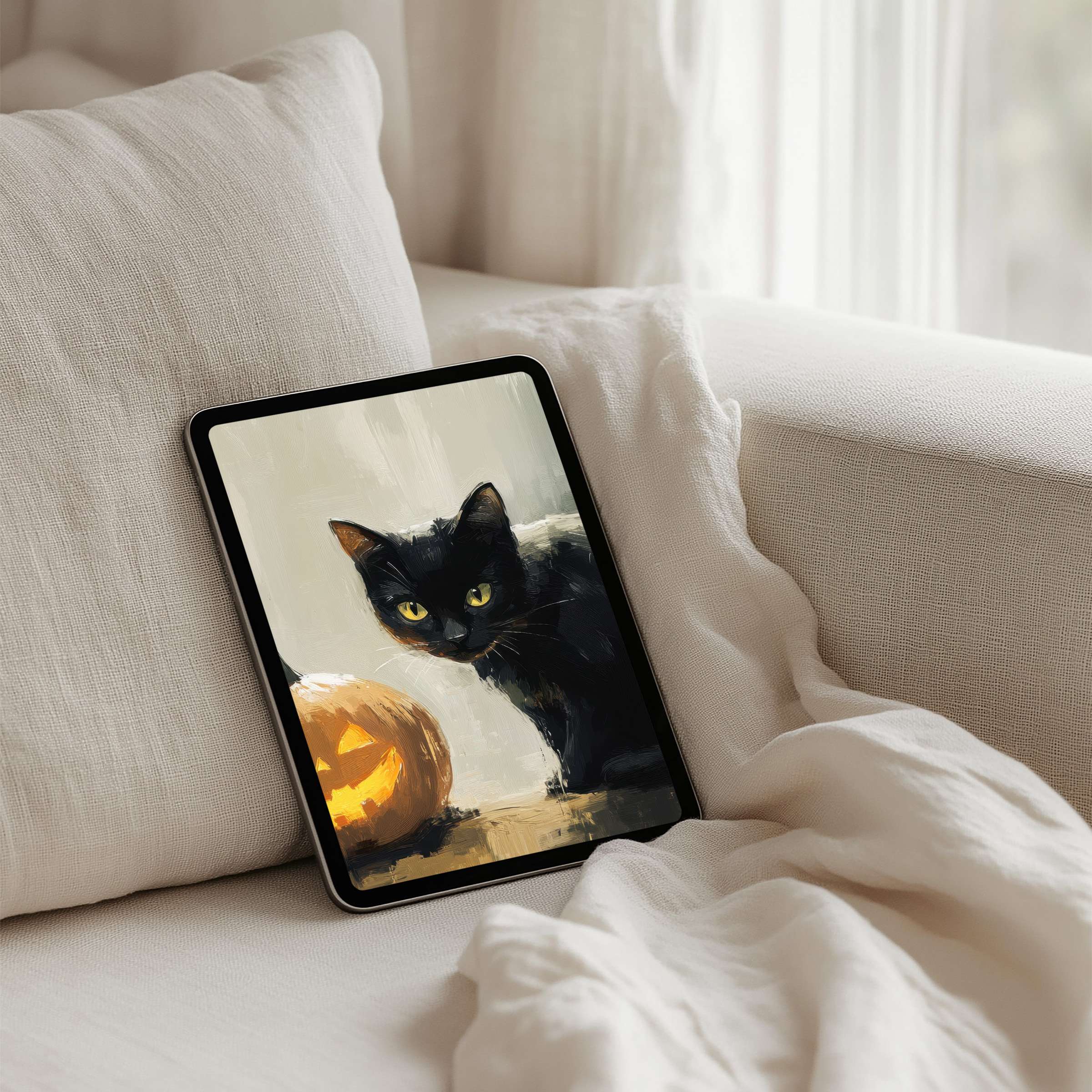 Black cat and pumpkin painting on iPad background for instant download brings calm elegance to any tablet screen ambiance