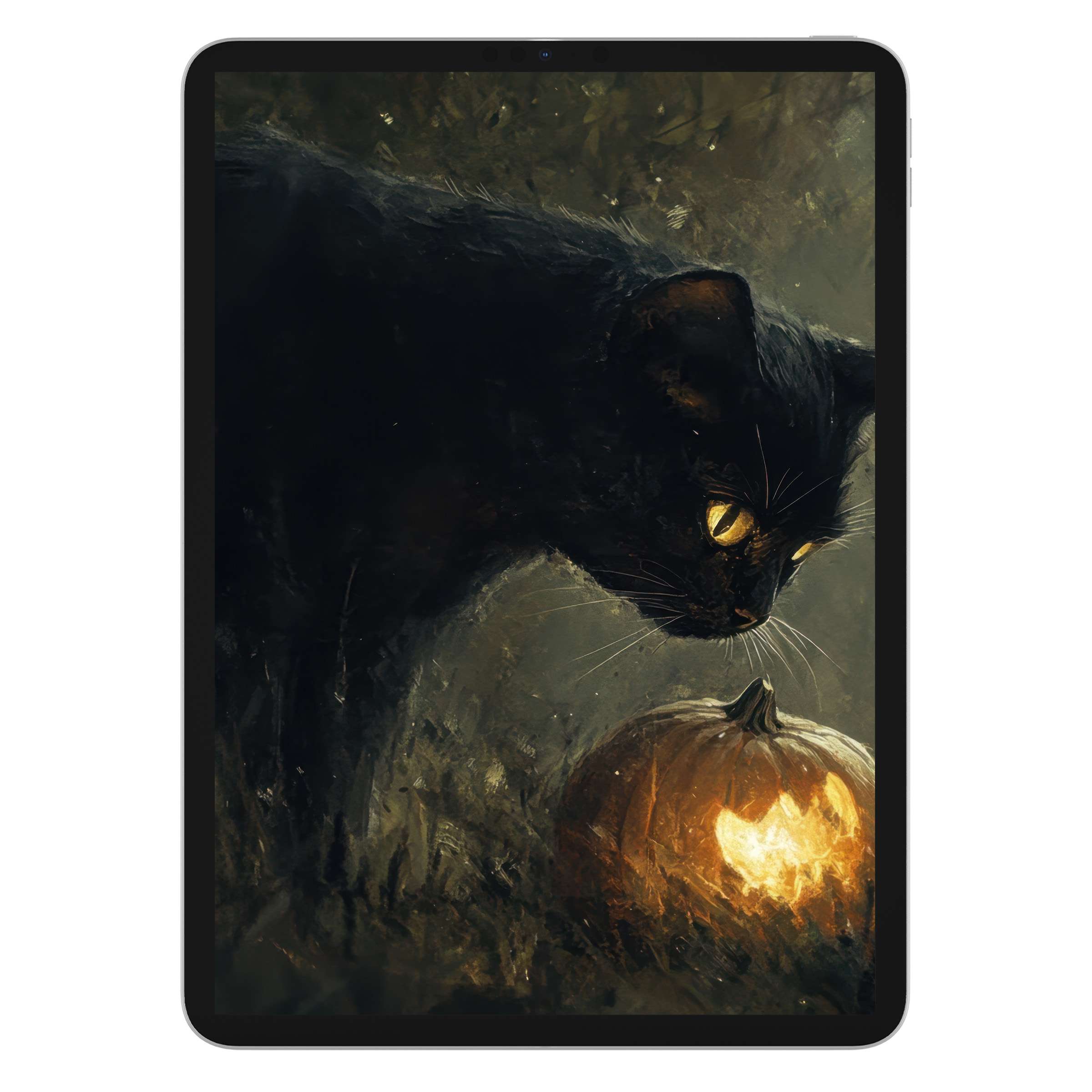 Enchanting halloween iPad wallpaper featuring a mystical black cat and glowing pumpkin in oil painting style for tablet background lovers digital download