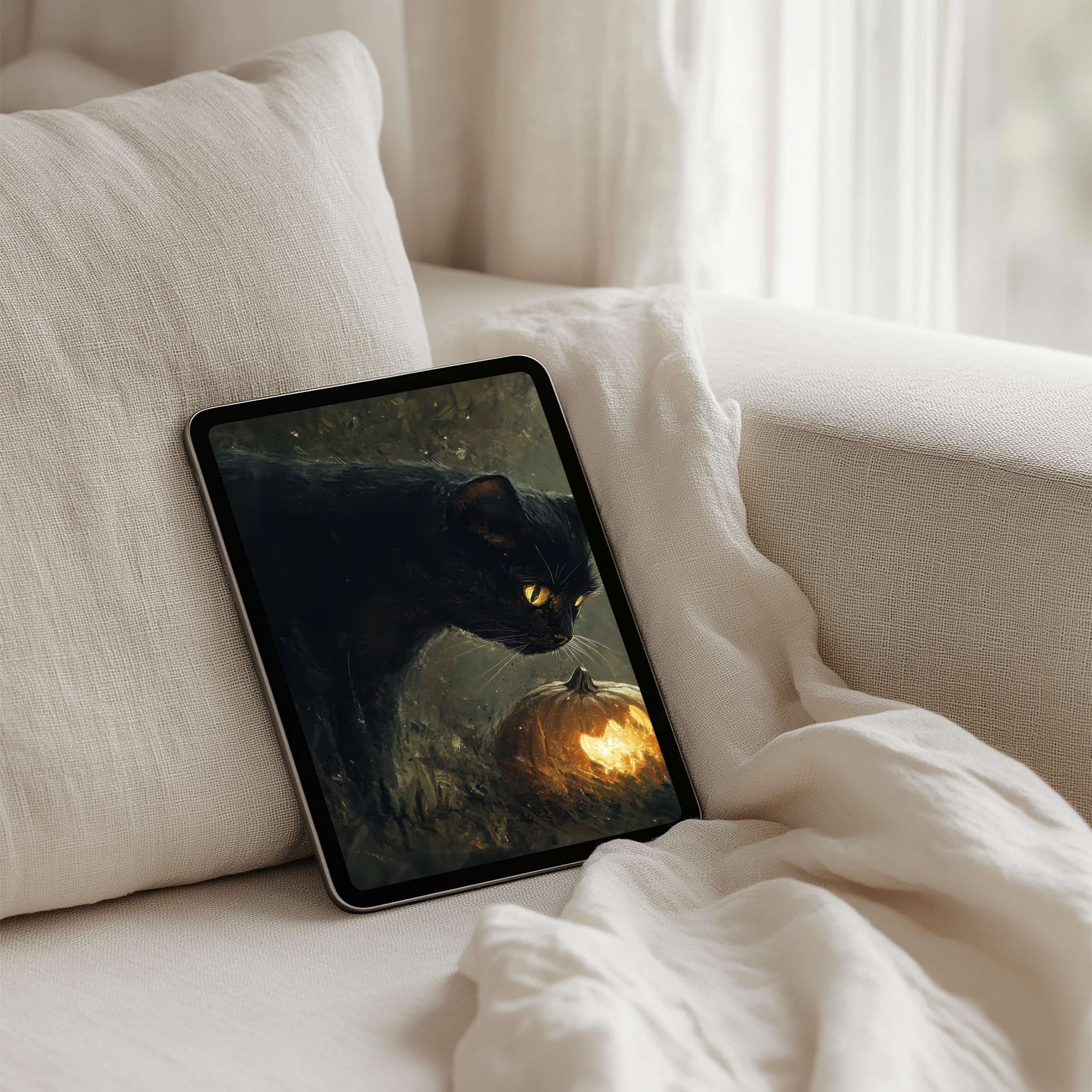 Cozy iPad background with a mystical black cat by a glowing pumpkin, perfect for instant download on any tablet device