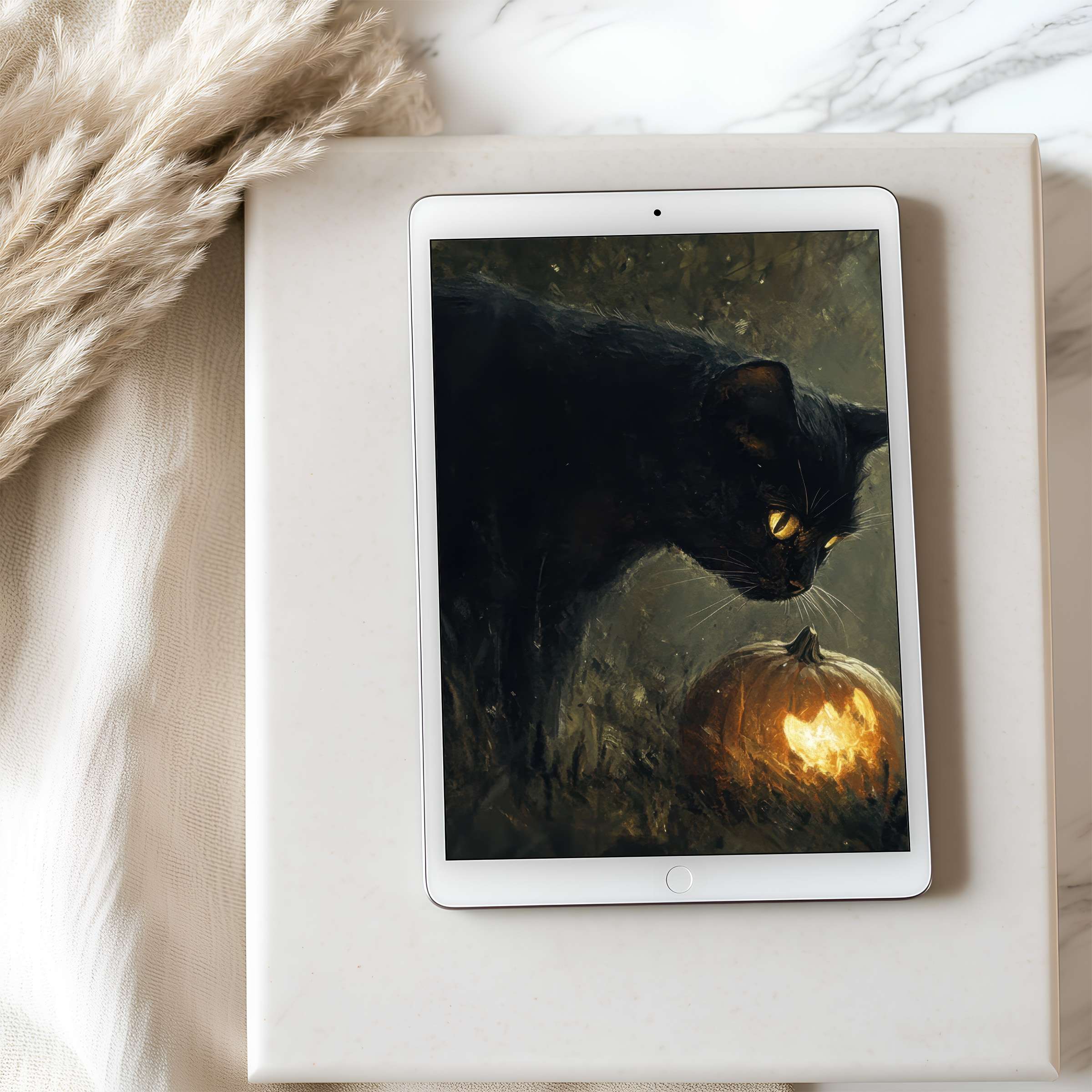 Dark feline art on tablet wallpaper evokes mystery with warm tones; perfect high-resolution digital download for iPad and Android