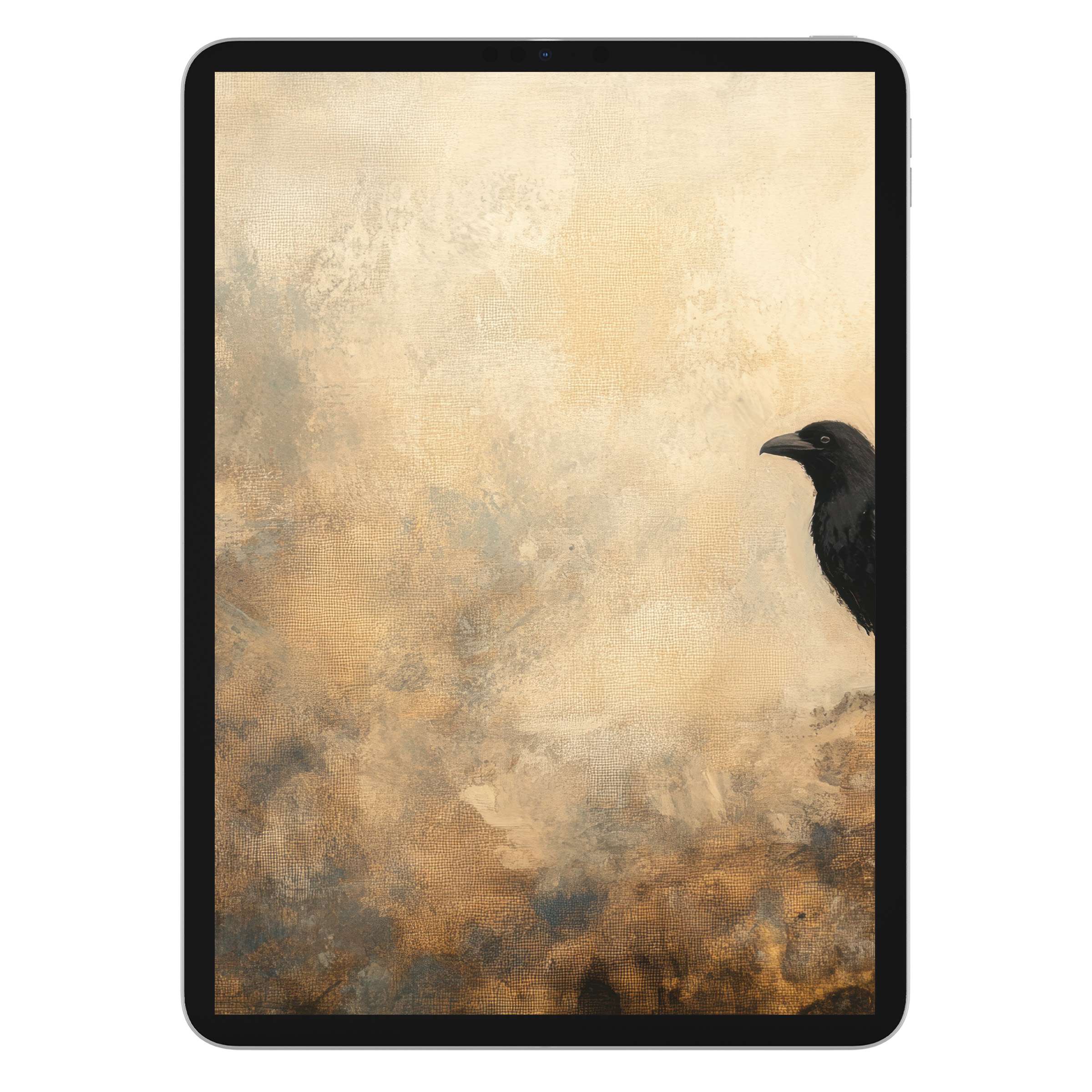 Elegant halloween iPad wallpaper featuring a lone crow on a textured canvas background perfect for digital download on tablets