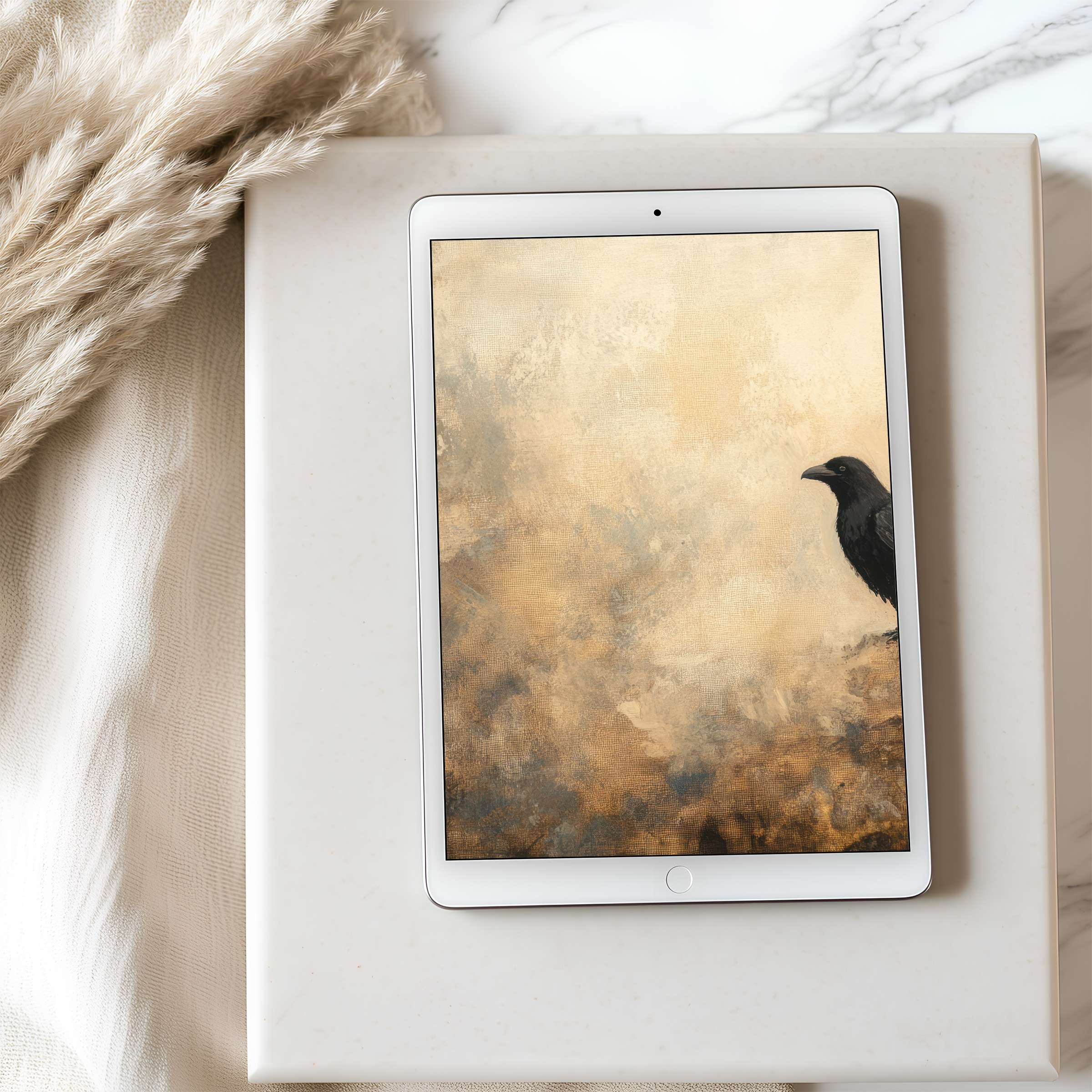 Elegant tablet wallpaper features a serene crow on textured earth tones, seamlessly curated for high-resolution iPad and Android tablets