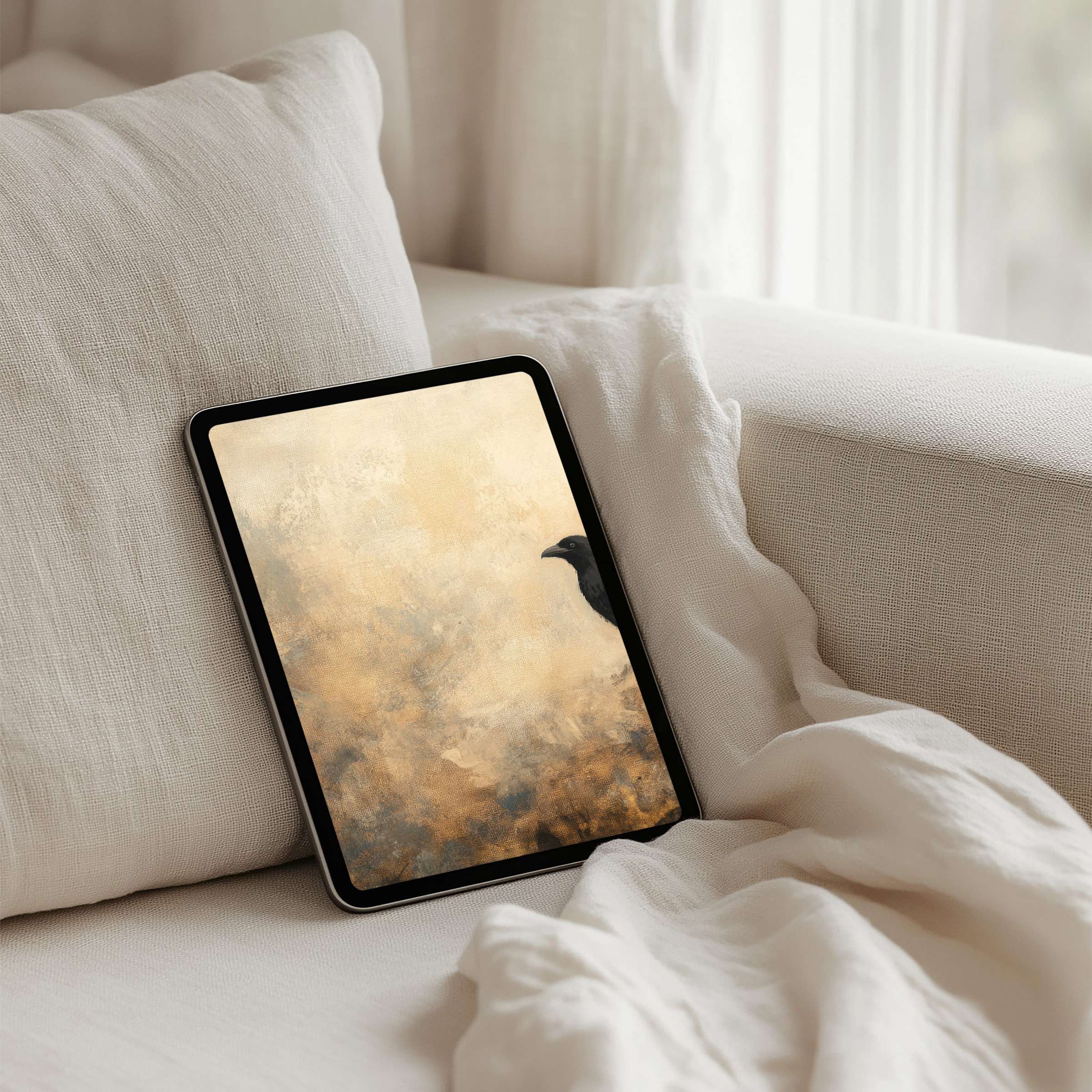 Elegant textured iPad background featuring a black bird on warm tones for tablet instant download inspiring calm and mindfulness