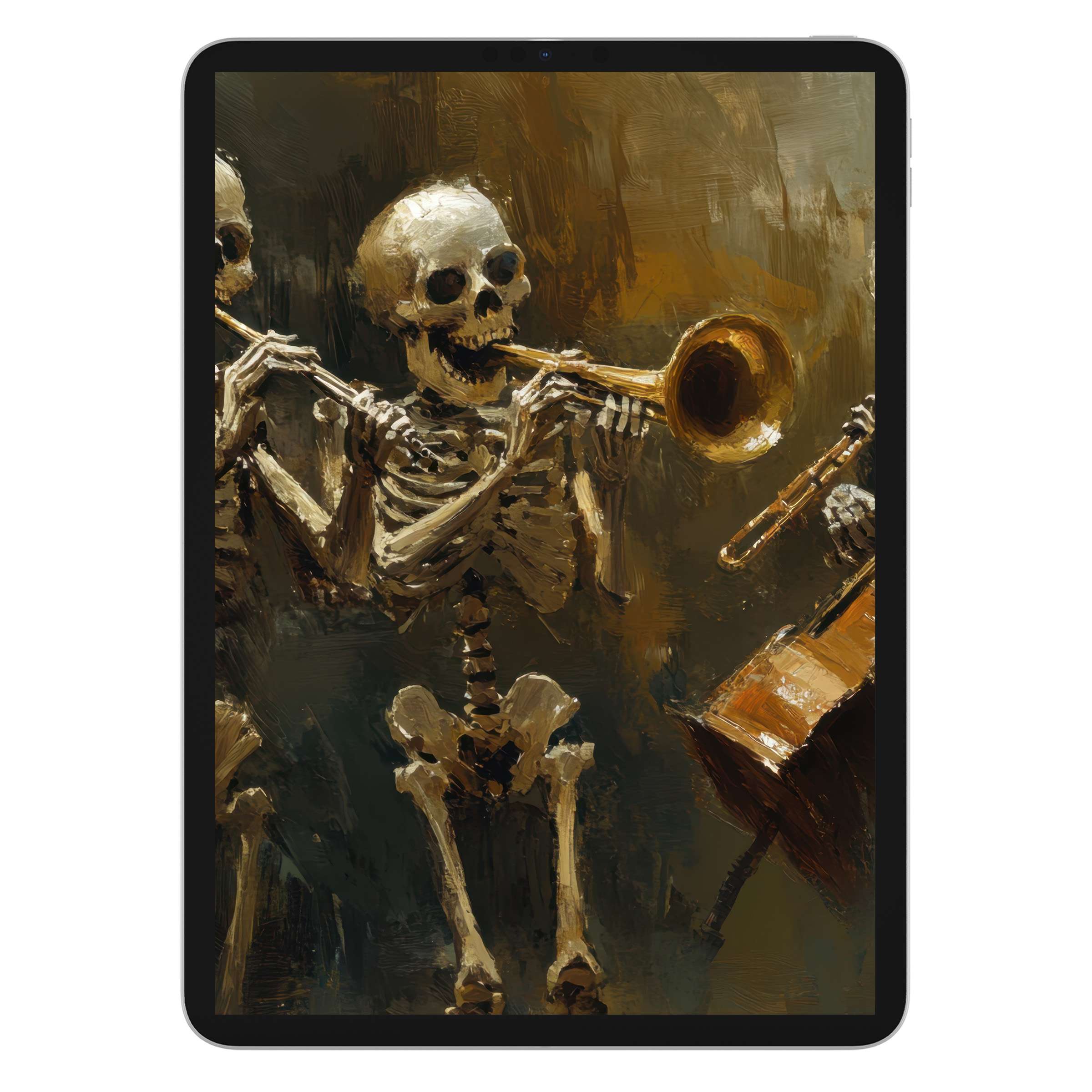 Energetic halloween iPad wallpaper featuring dancing skeletons in rich earthy tones, perfect digital download for tablet background lovers