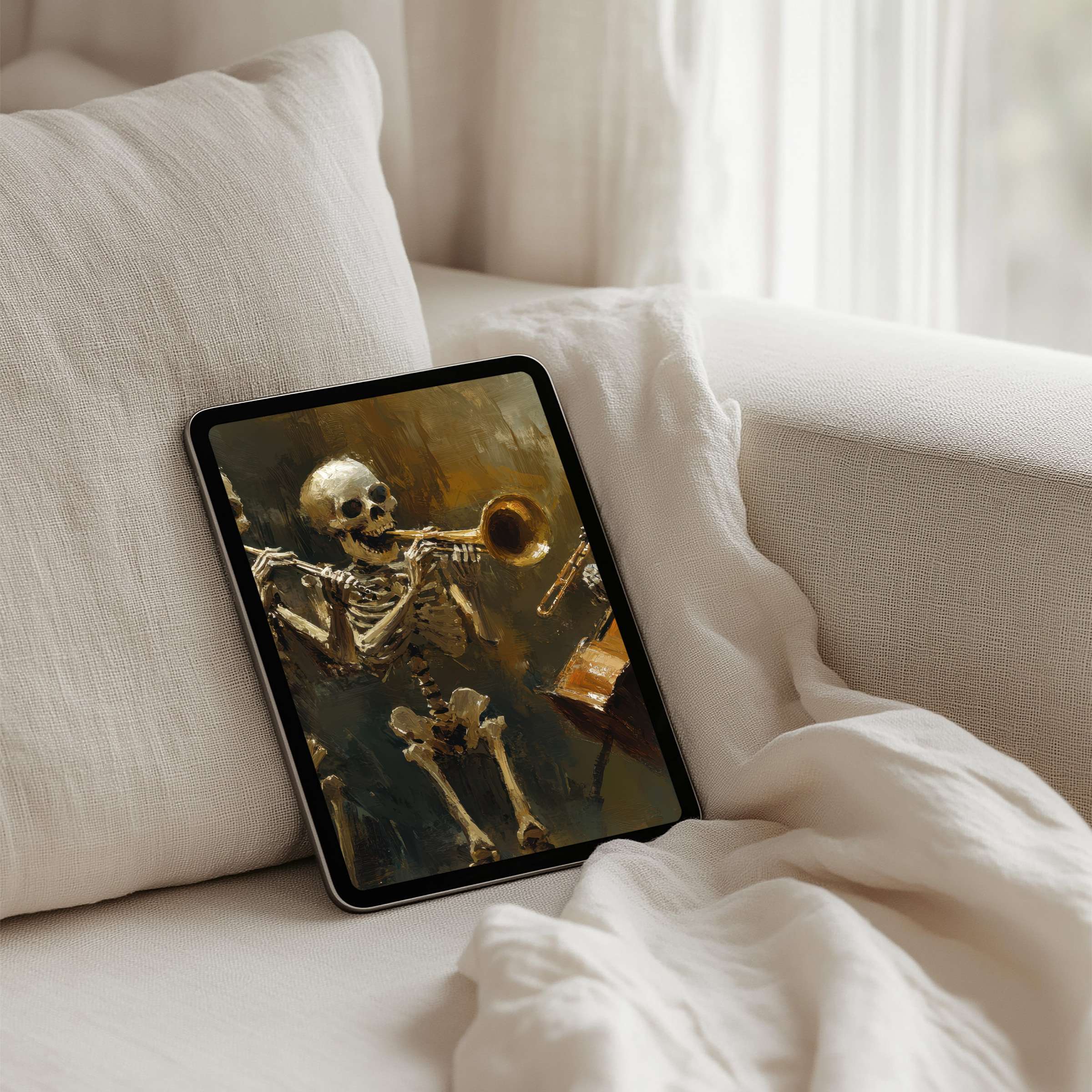 Vintage skeleton band artwork on iPad background for instant download evokes calm inspiration for your tablet experience
