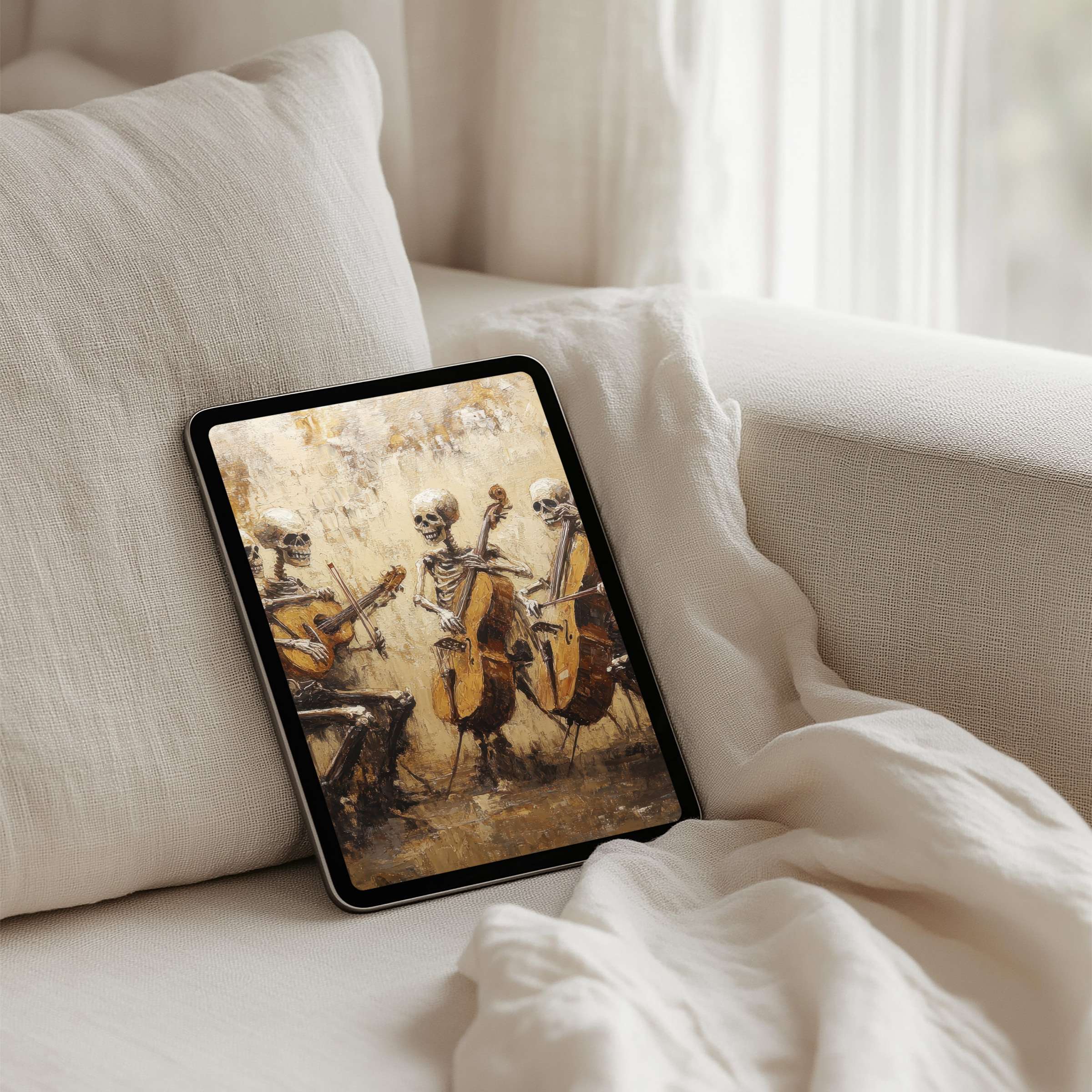 Elegant iPad background featuring skeletal musicians in serene earth tones offers mindfulness and inspiration instant download for any tablet