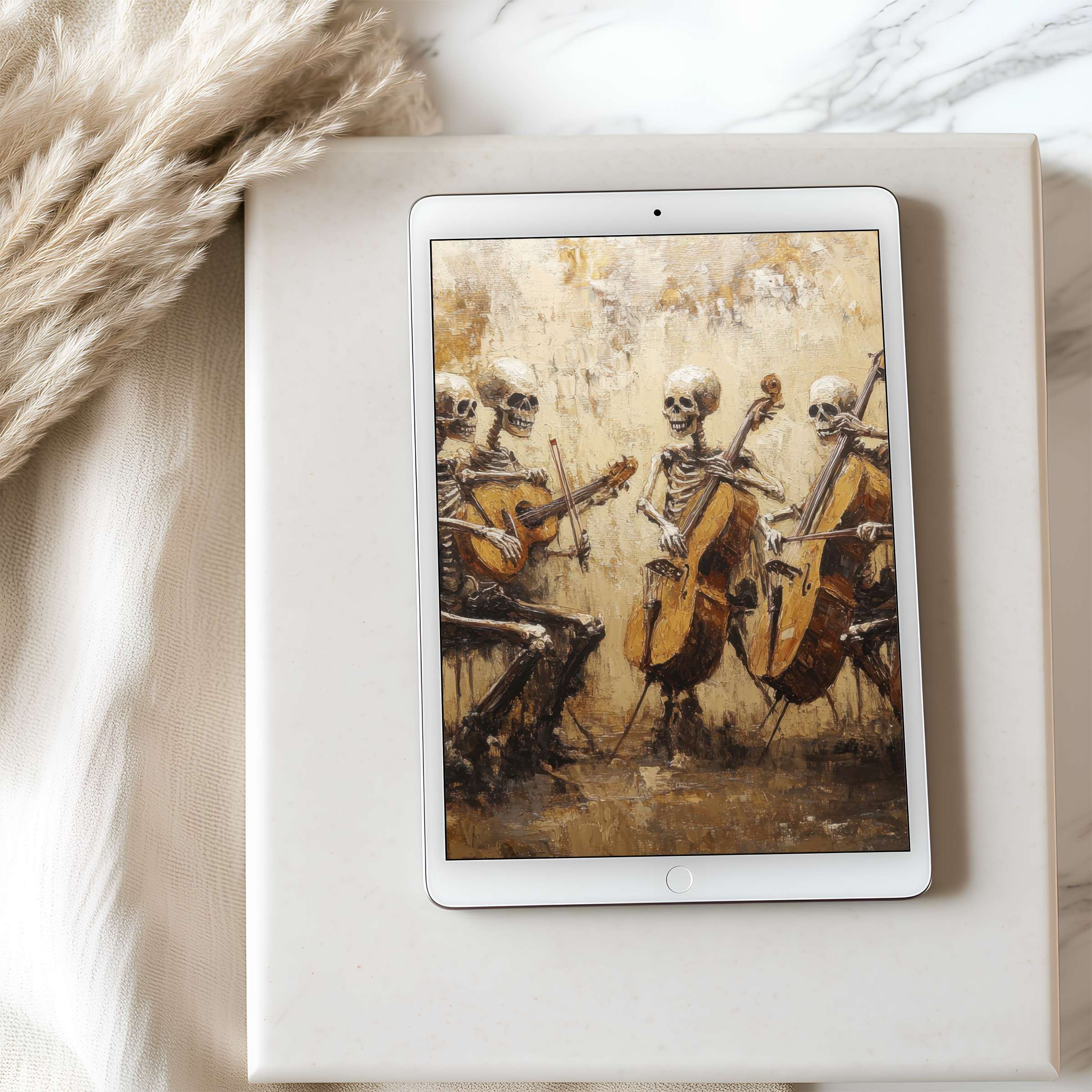 Skeleton musicians create an elegant, textured tablet wallpaper perfect for iPad or Android, offering digital tranquility and style