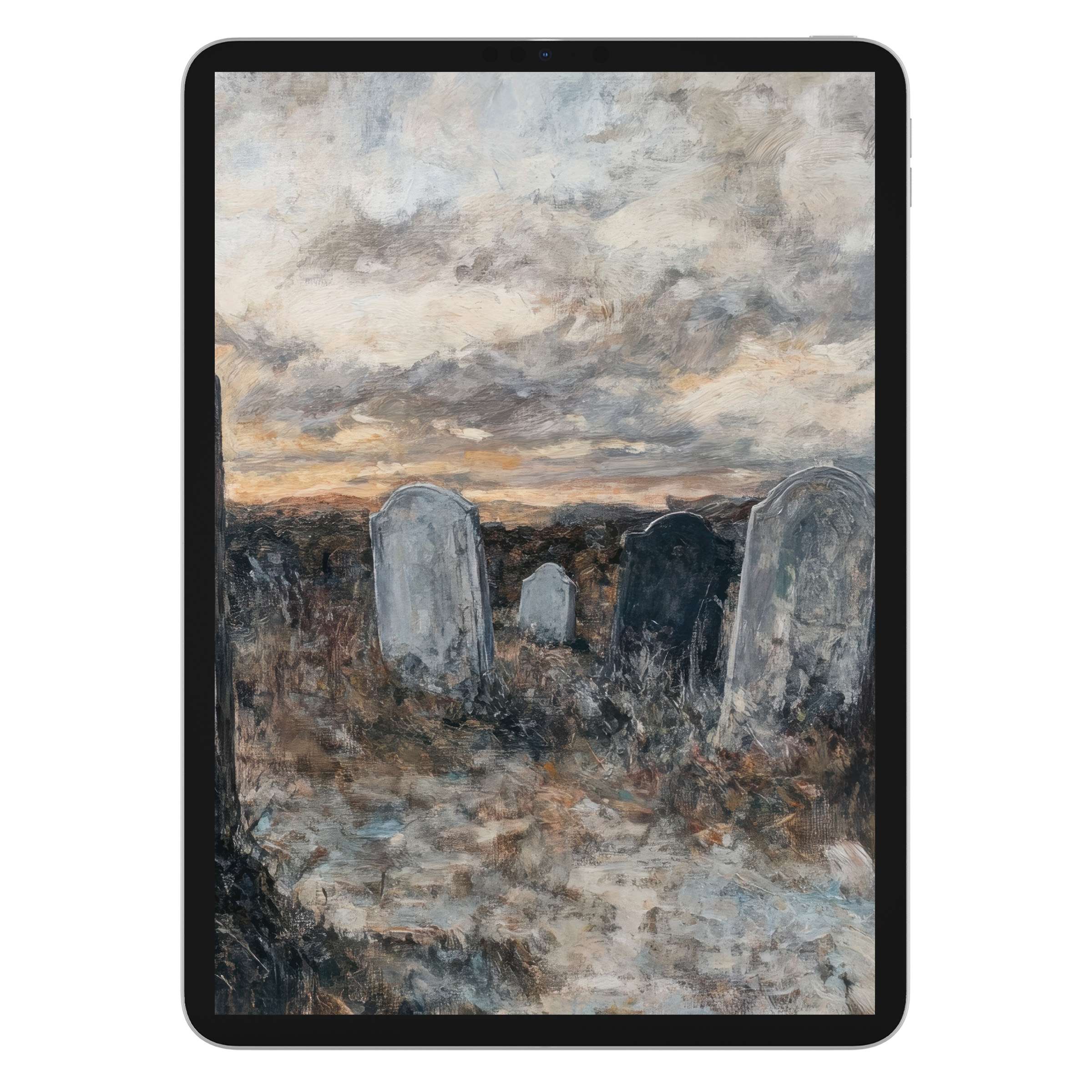 Evoke autumnal serenity with this halloween iPad wallpaper featuring a vintage graveyard scene, perfect digital download background for tablet