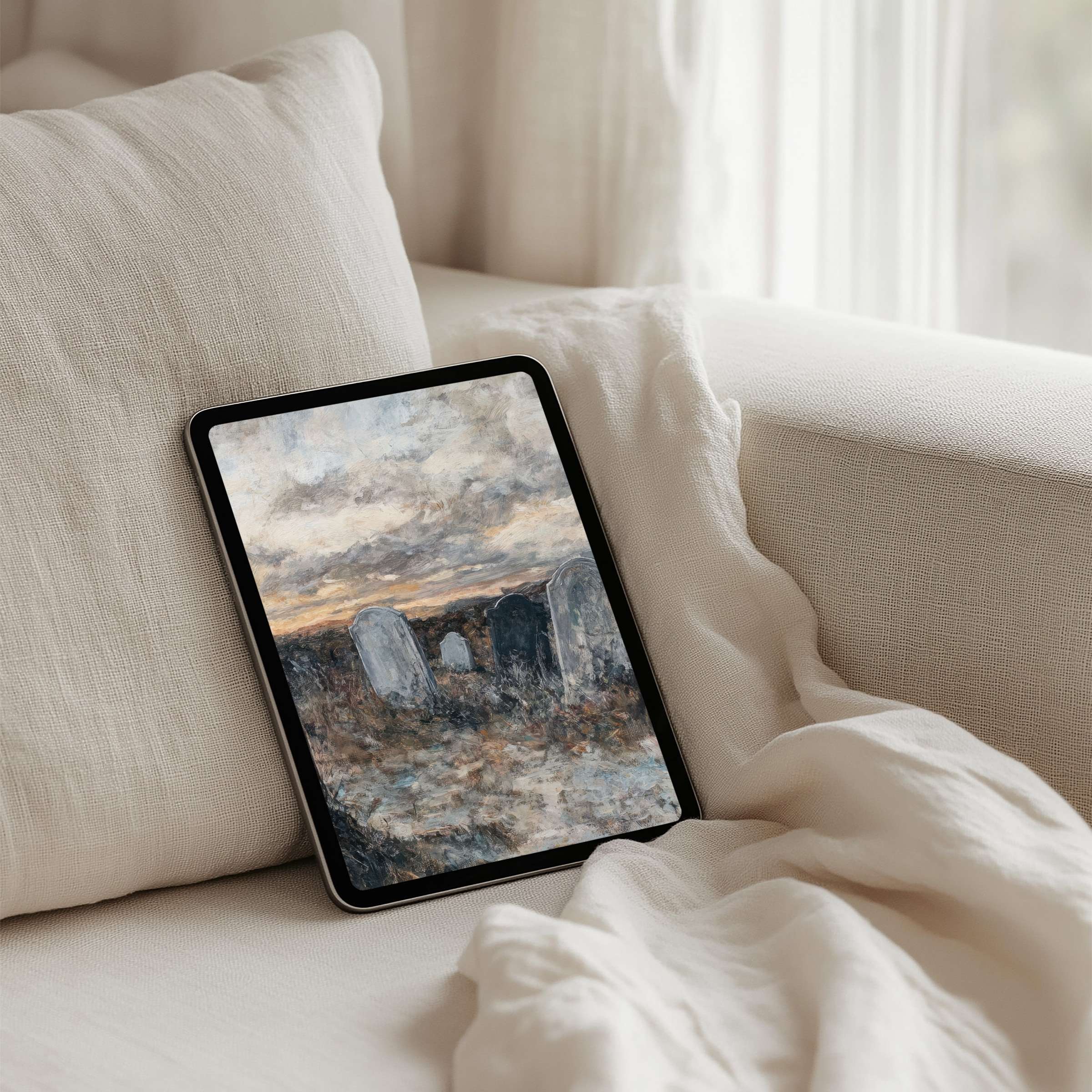 Cozy tablet with a serene landscape painting iPad background enhances mindfulness instant download for artistic elegance and calm