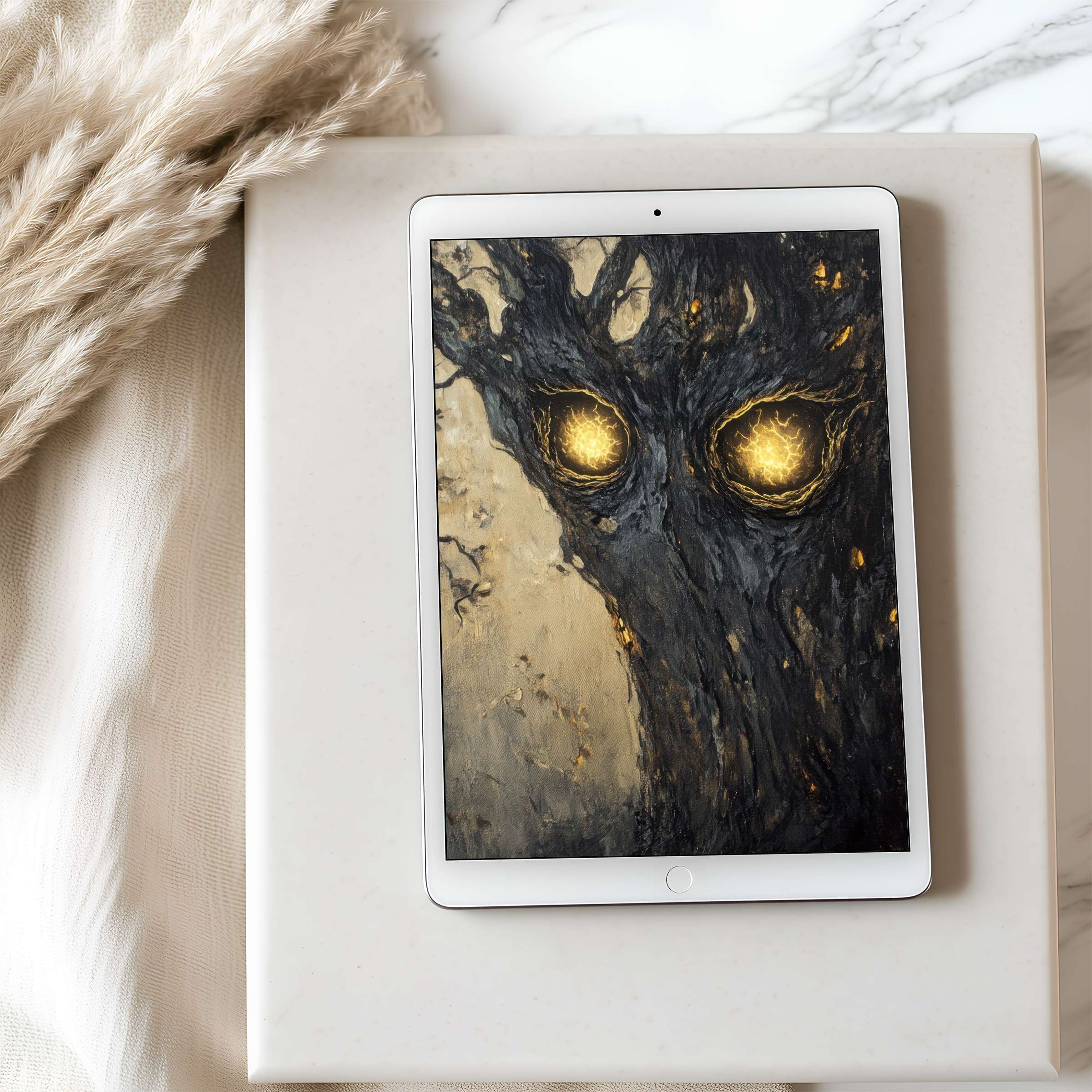 Elegant high resolution tablet wallpaper featuring a mysterious dark tree with glowing eyes, perfect for calming digital download on iPad