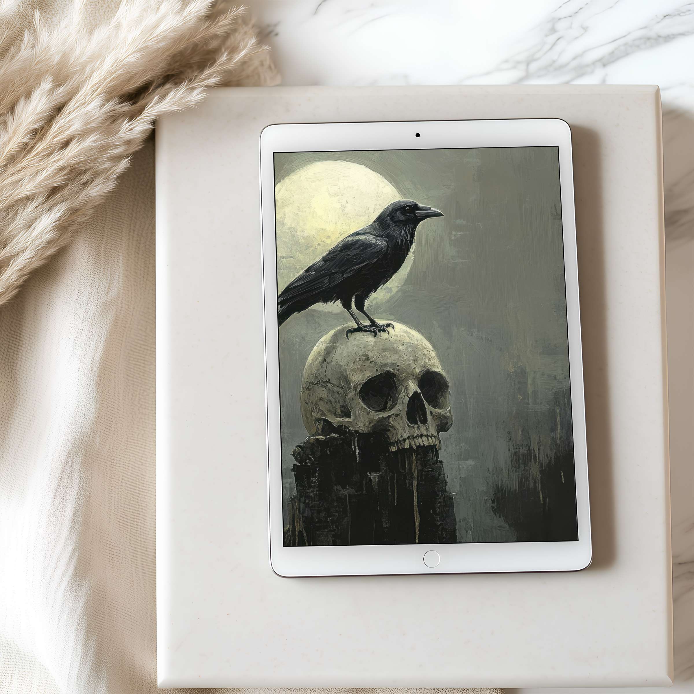 Elegant tablet wallpaper featuring a dark raven on a skull, perfect for high-resolution iPad display and Android download, inspiring reflection