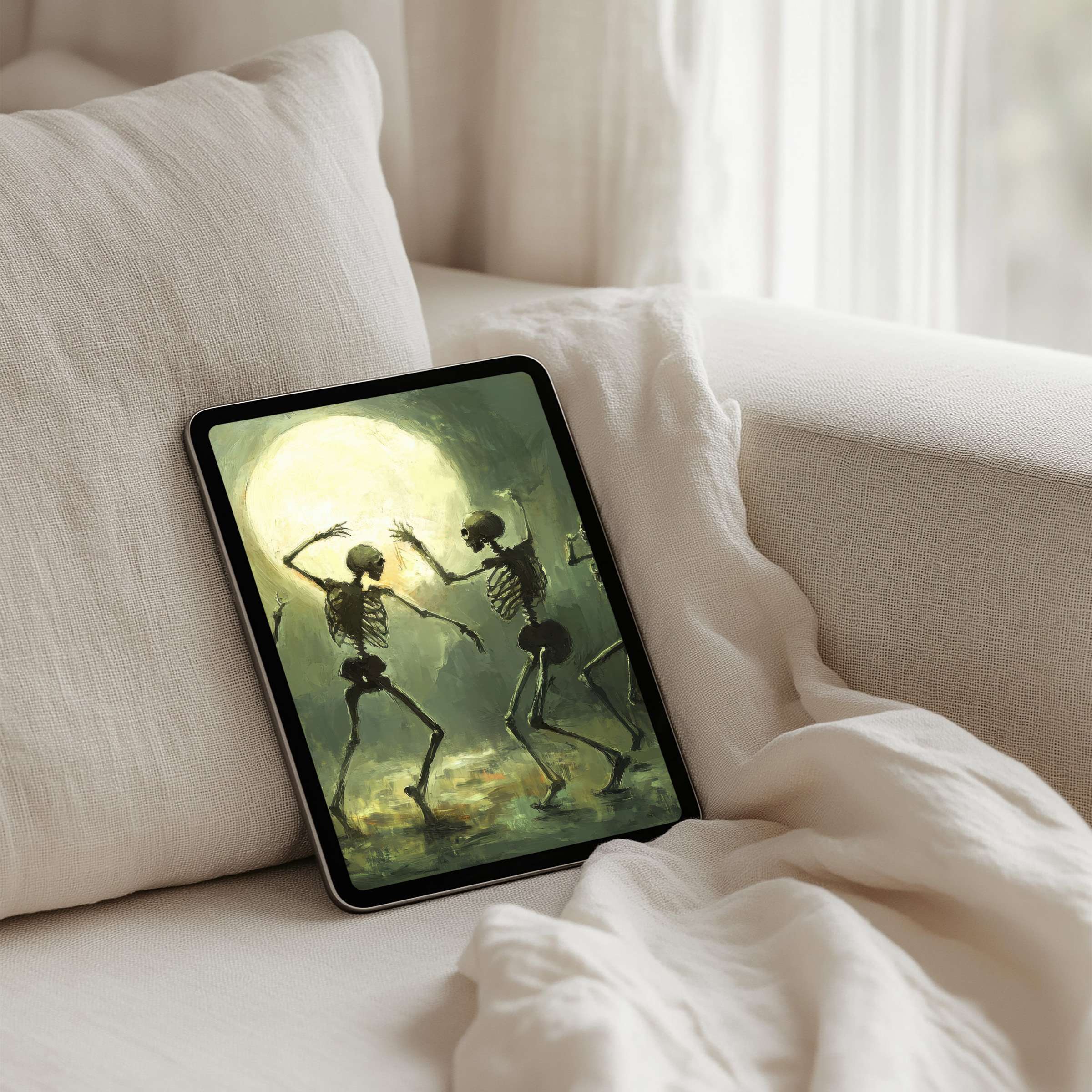 Elegant skeleton art enhances calm in this iPad background, perfect for any tablet instant download for mindful inspiration