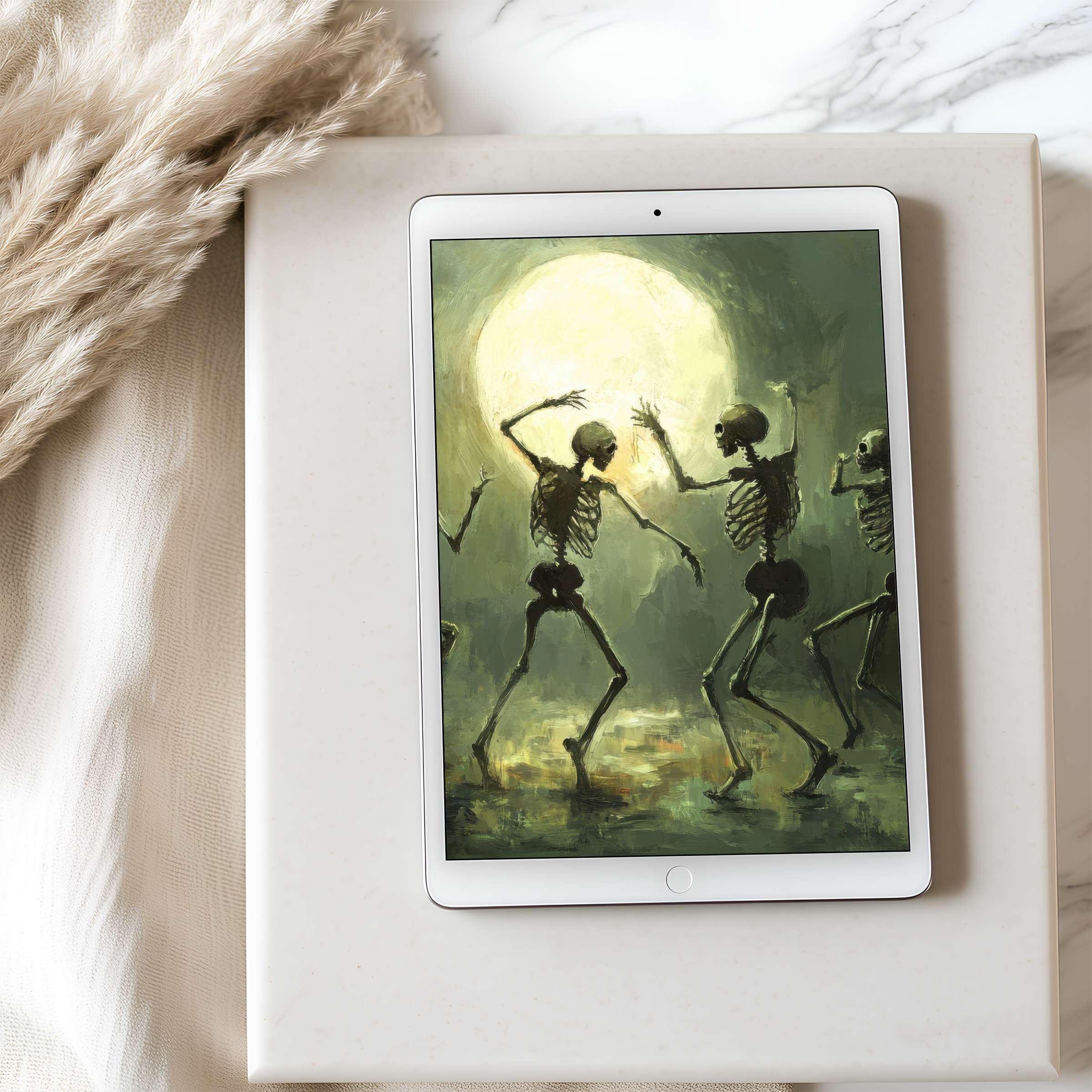 Ethereal dance of skeletons in moonlit palette enhances tablet wallpaper, ideal for iPad; a serene digital download for calm interiors