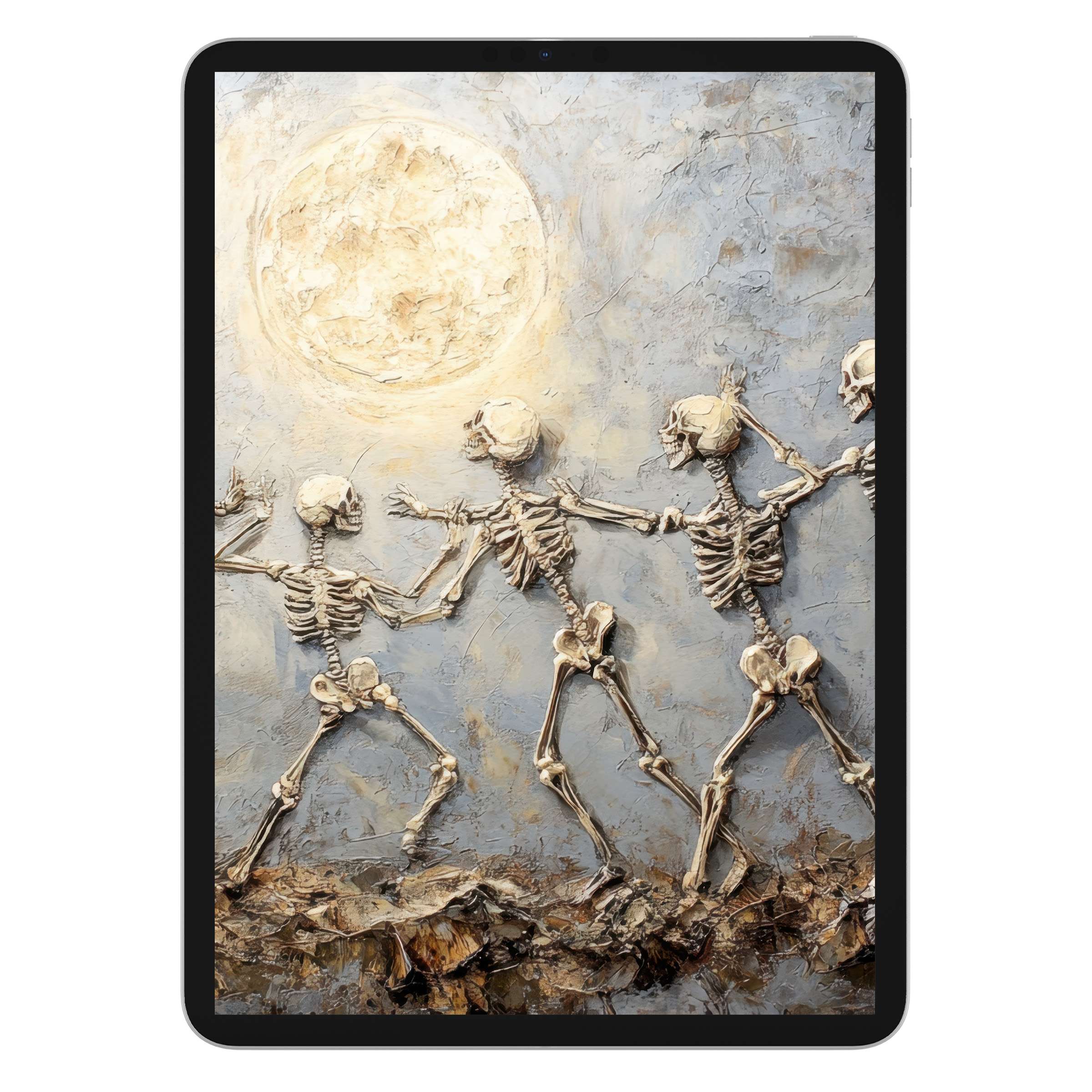 Elegant halloween iPad wallpaper featuring dancing skeletons under a luminous moon offers calm digital download for tablet background