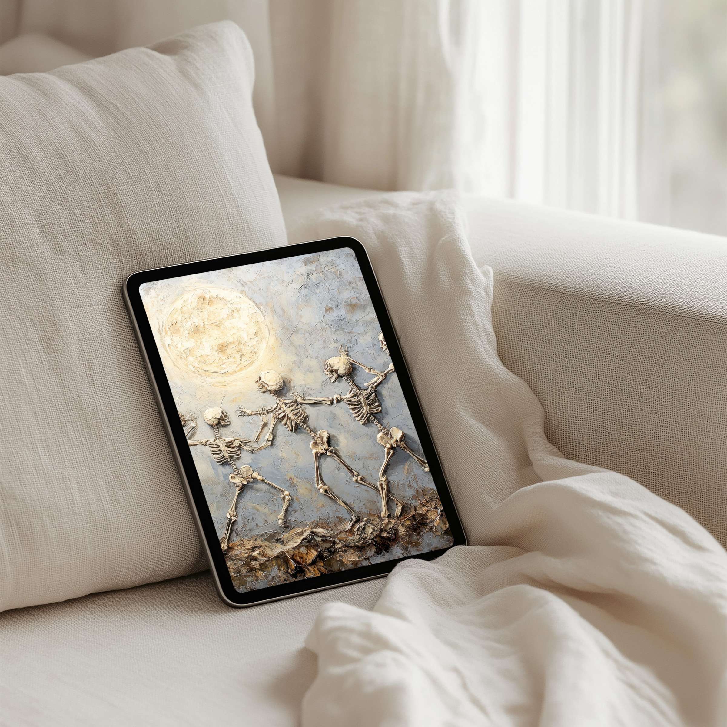 Elegant iPad background featuring skeletons in moonlit dance offering instant download for all tablet devices inspiring calm and mindfulness