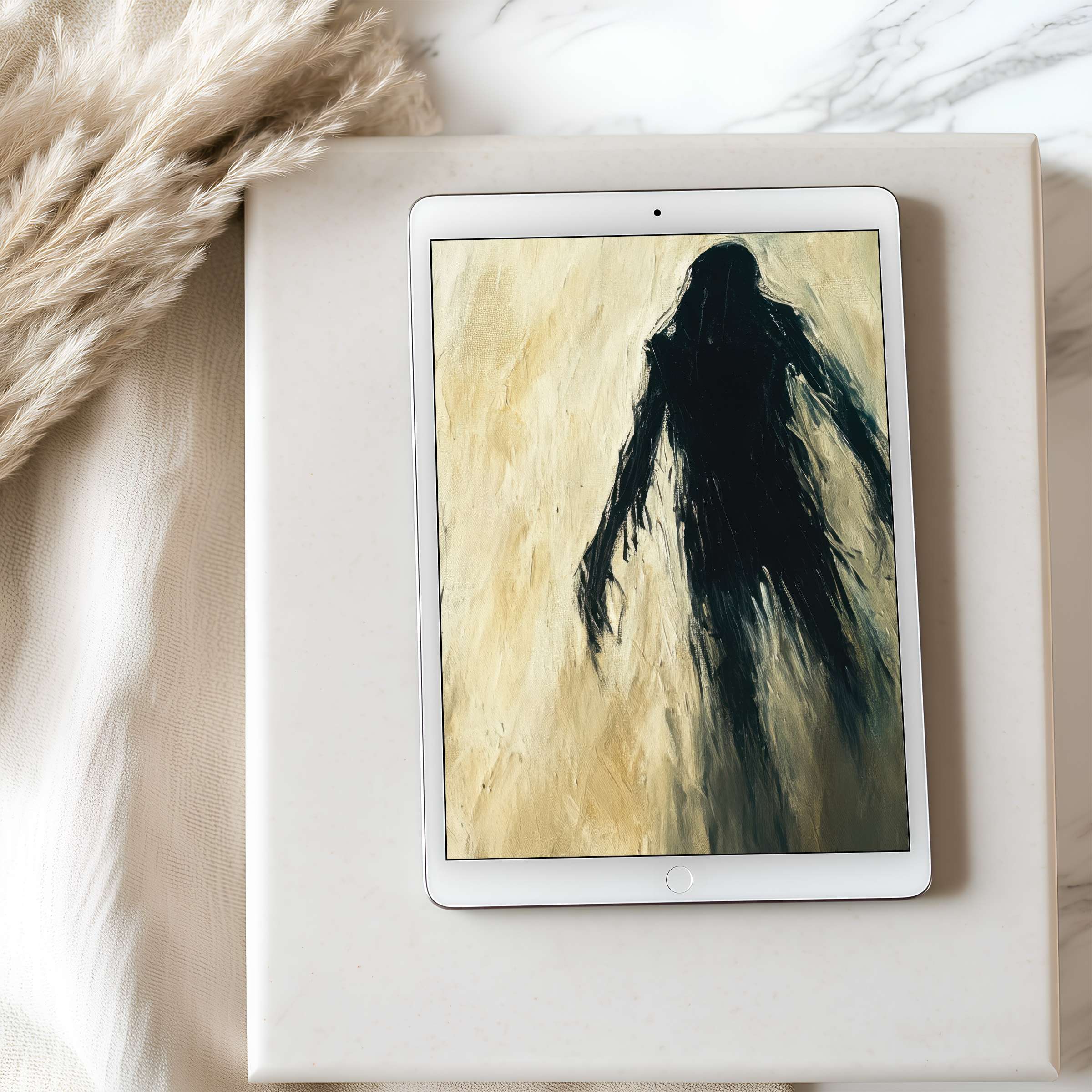 Elegant abstract black silhouette on cream tablet wallpaper evokes calm, enhancing your iPad with high-resolution artful serenity