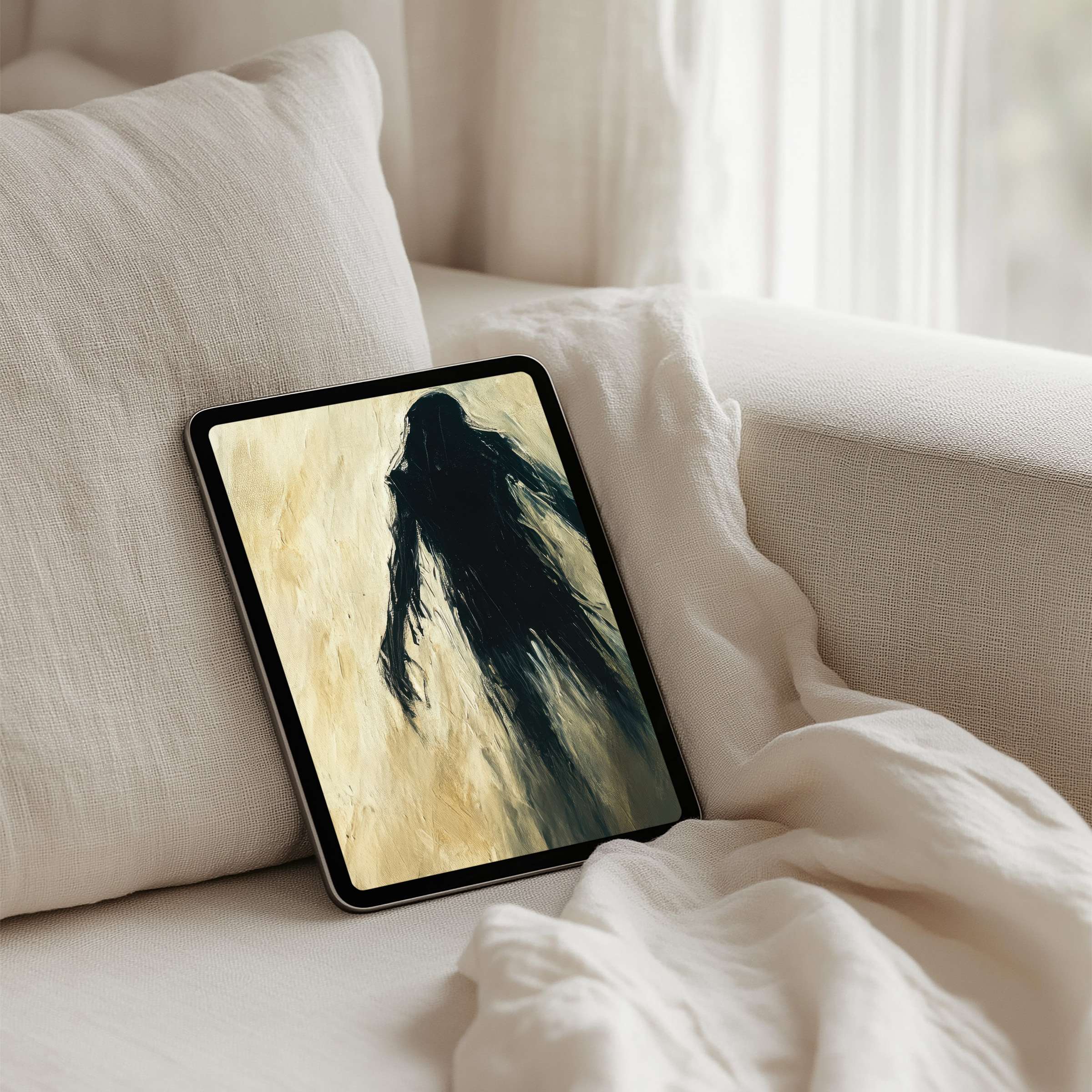 Elegant iPad background featuring art with a shadowy figure on a textured canvas available for instant download to your tablet