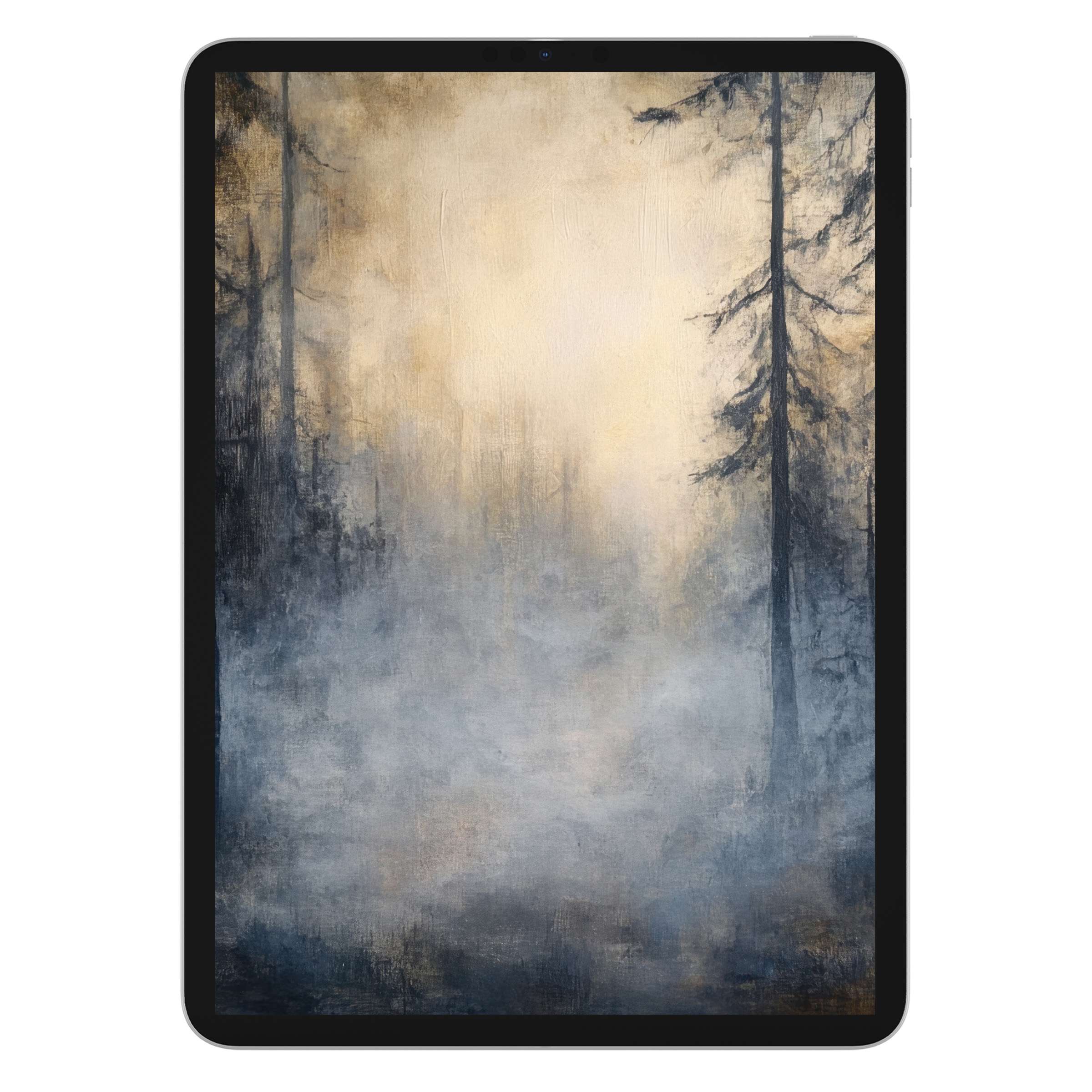 Ethereal halloween iPad wallpaper with misty forest, perfect digital download tablet background for serene, artistic ambiance