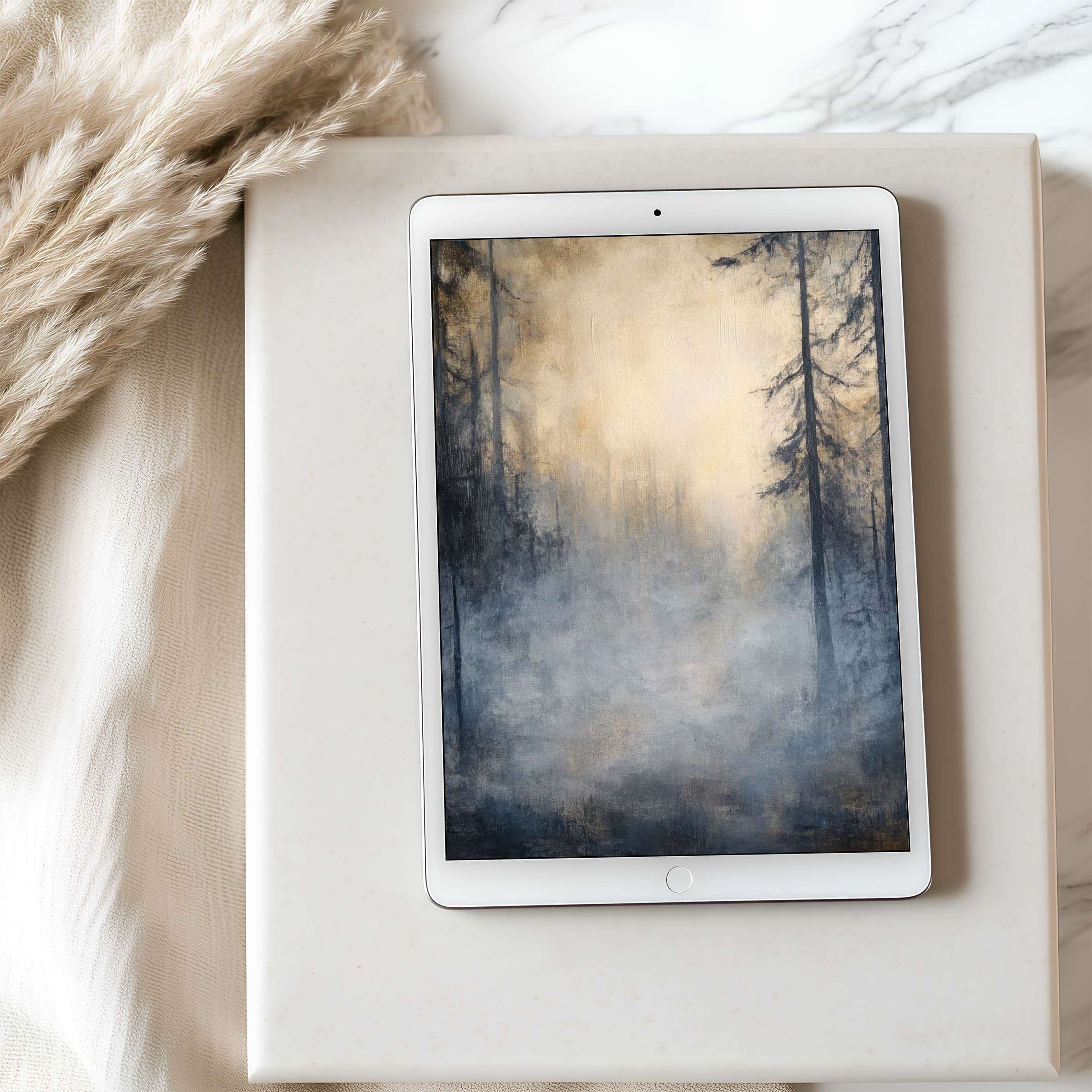 Elegant tablet wallpaper featuring misty forest art in serene blues and golds, high resolution, ideal for digital download on iPad and Android