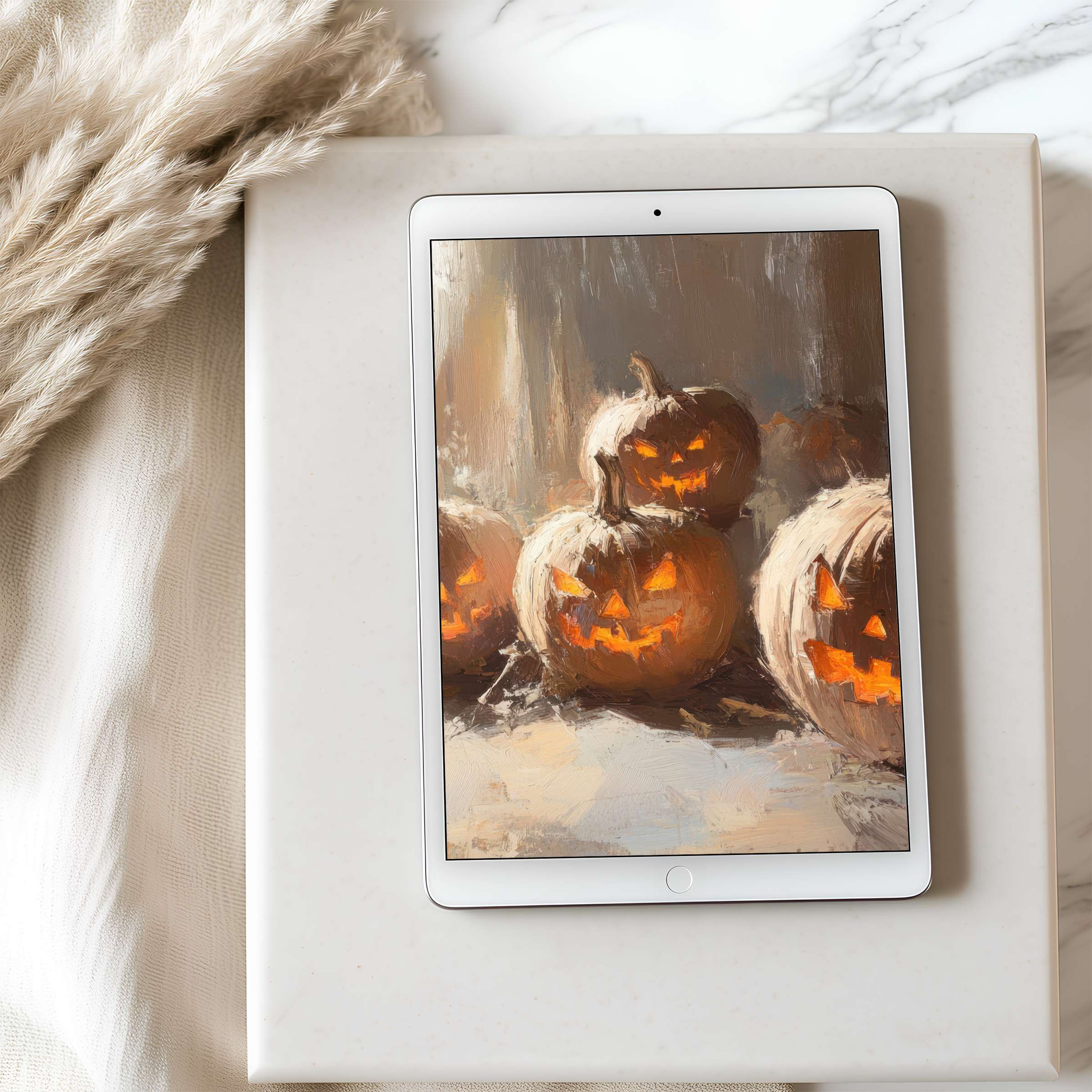 Warm autumnal art of glowing pumpkins as a serene tablet wallpaper perfect for iPad, offering high resolution and calming decor benefits