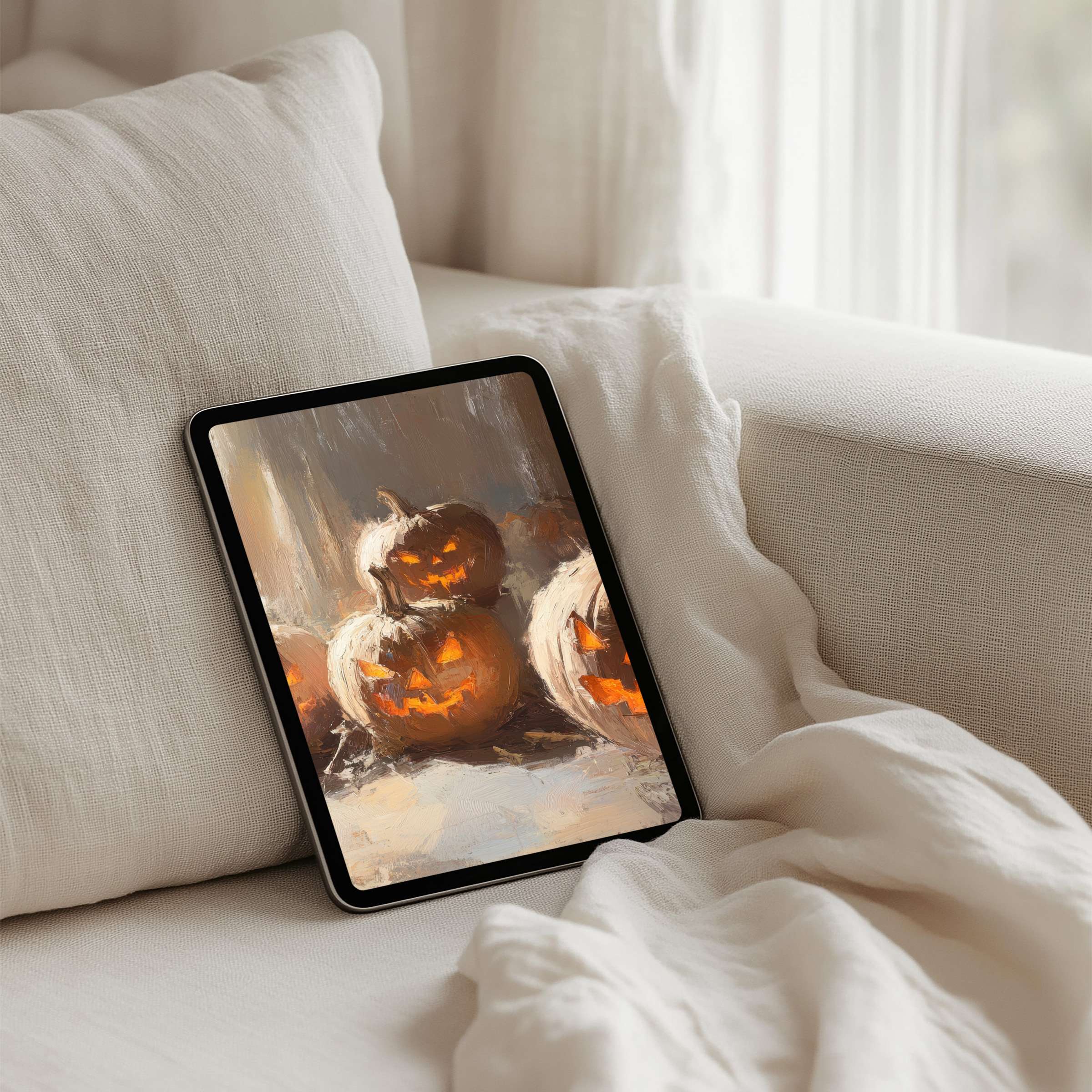 Elegant iPad background featuring painted pumpkins exudes calm inspiration, perfect for instant download on any tablet, ensuring mindfulness